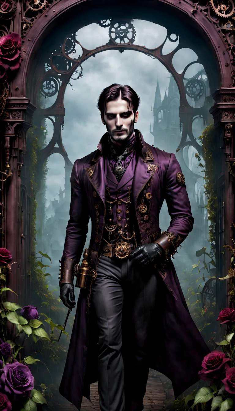 (gothic aesthetic,Victorian-inspired,steampunk,dark,romantic,haunting,) In a dark, mysterious setting, a man with gothic outfit stands in a gothic garden. He has beautifully detailed eyes, with long eyelashes that draw attention. ((His scar on his cheek:1.7)) is also detailed, adding to his alluring presence. The bouy's face is extremely detailed, with delicate features that showcase her elegance, and bring out the scar on his cheek. He exudes a sense of mystery and romance. The garden is filled with lush, overgrown vegetation, creating a haunting atmosphere. The plants are intertwined with mechanical elements, giving the garden a steampunk twist. The sky above is a deep, dark blue, complementing the gothic ambiance. The artwork is of the highest quality, with intricate details that can be seen even at the highest resolution, such as 4k or 8k. Every element is captured with ultra-detailed precision, creating a realistic and photorealistic feel. The lighting is reminiscent of studio lighting, with dramatic shadows that enhance the mysterious vibe of the scene. The colors used in the artwork are vivid, with a color palette that leans towards dark and moody tones. Shades of deep red, purple, and black dominate the image, adding to the gothic aesthetic. The overall color scheme contributes to the haunting and romantic atmosphere. In this gothic-inspired scene, steampunk influences, and dark aesthetics creates a captivating visual experience. It transports the viewer to a world where technology merges with the elegance and mystery, fueling the imagination with endless possibilities.