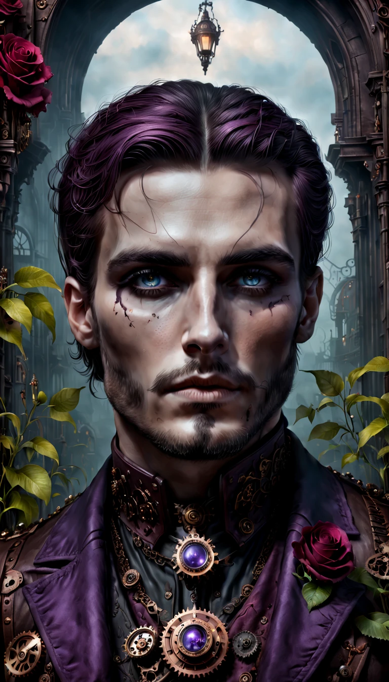 (gothic aesthetic,Victorian-inspired,steampunk,dark,romantic,haunting,) In a dark, mysterious setting, a man with gothic outfit stands in a gothic garden. He has beautifully detailed eyes, with long eyelashes that draw attention. ((His scar on his cheek:1.7)) is also detailed, adding to his alluring presence. The bouy's face is extremely detailed, with delicate features that showcase her elegance, and bring out the scar on his cheek. He exudes a sense of mystery and romance. The garden is filled with lush, overgrown vegetation, creating a haunting atmosphere. The plants are intertwined with mechanical elements, giving the garden a steampunk twist. The sky above is a deep, dark blue, complementing the gothic ambiance. The artwork is of the highest quality, with intricate details that can be seen even at the highest resolution, such as 4k or 8k. Every element is captured with ultra-detailed precision, creating a realistic and photorealistic feel. The lighting is reminiscent of studio lighting, with dramatic shadows that enhance the mysterious vibe of the scene. The colors used in the artwork are vivid, with a color palette that leans towards dark and moody tones. Shades of deep red, purple, and black dominate the image, adding to the gothic aesthetic. The overall color scheme contributes to the haunting and romantic atmosphere. In this gothic-inspired scene, steampunk influences, and dark aesthetics creates a captivating visual experience. It transports the viewer to a world where technology merges with the elegance and mystery, fueling the imagination with endless possibilities.