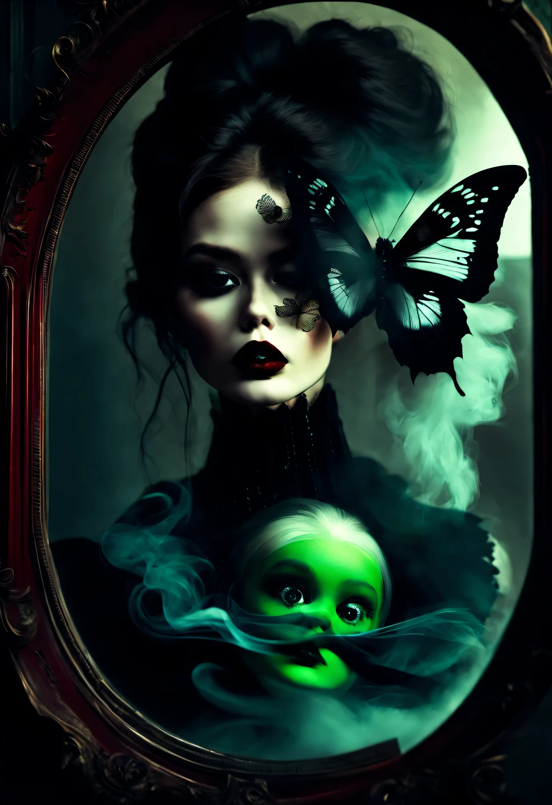 gothic dark art，Dream，Photo of black butterfly and stunning model baby face，Smoke is floating on the face，dark red hair，dark green，Muppets，partial reflection in mirror
