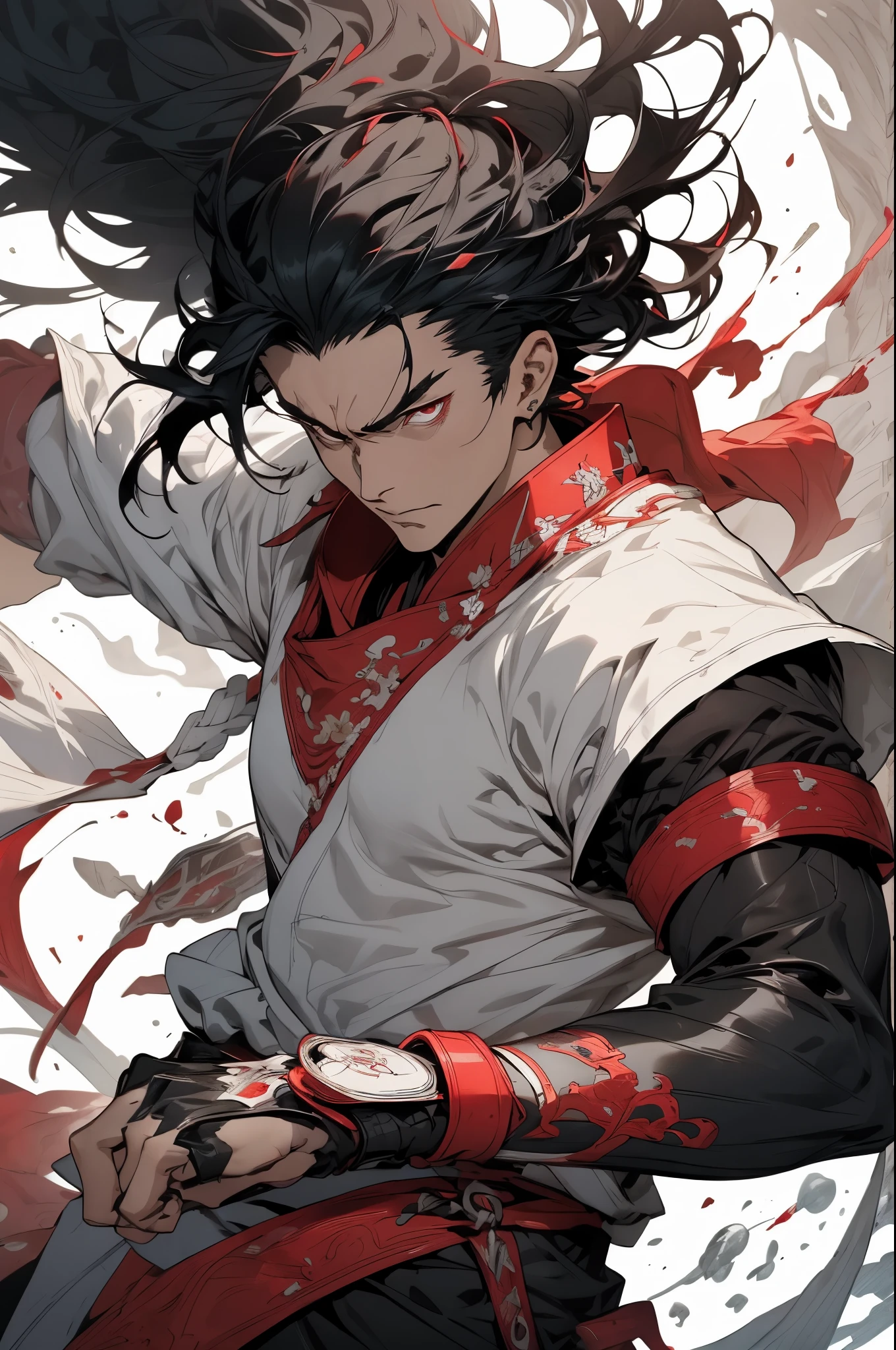 The guy with the black hair, white splash, Samurai Sword, long hair, ((dynamic pose)), there&#39;s blood all around, ready to attack, uses abilities, full length, red color correction