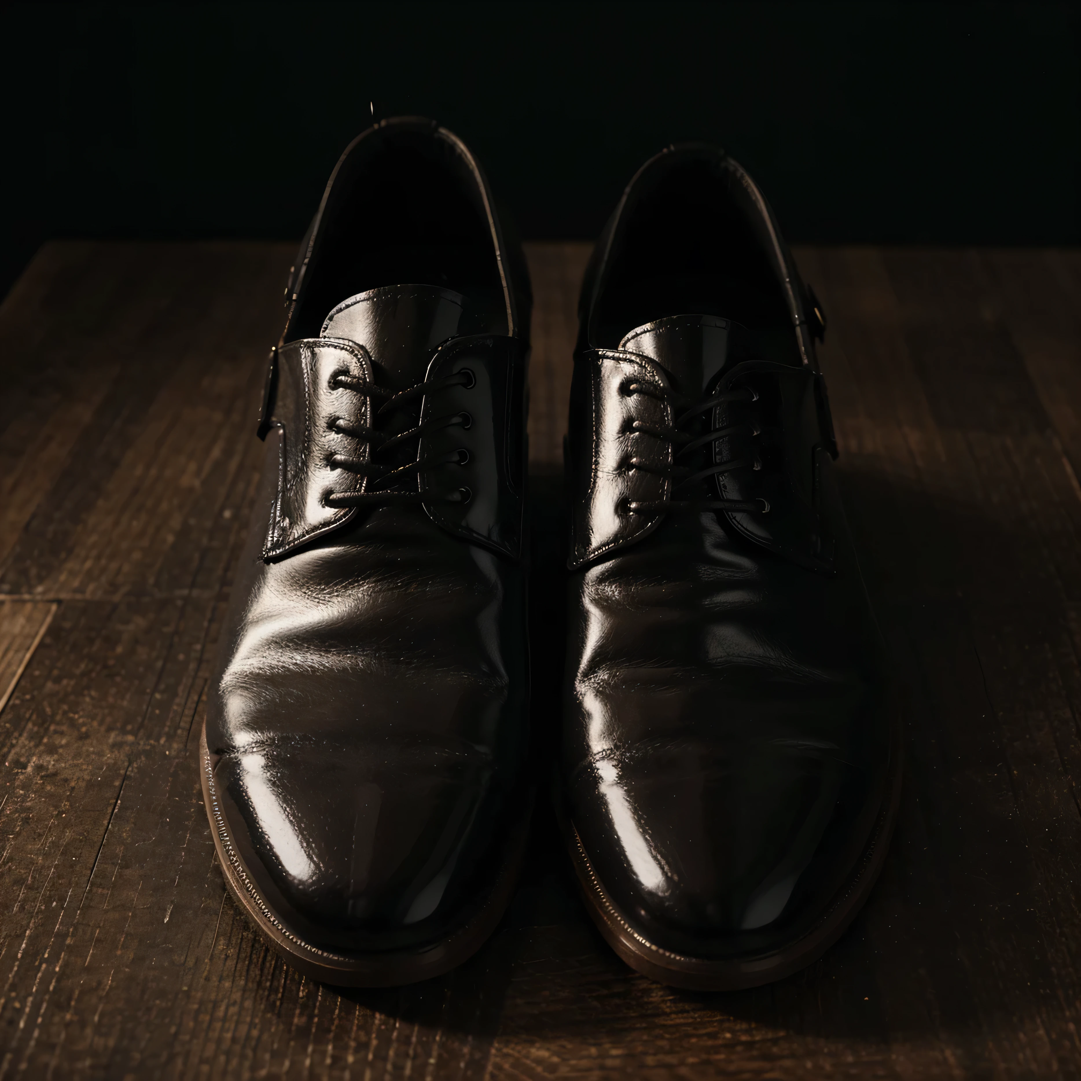 Black classy shoes on black drop down background without any other objects, soft light focusing on the subject, close up, absurd res, high quality,