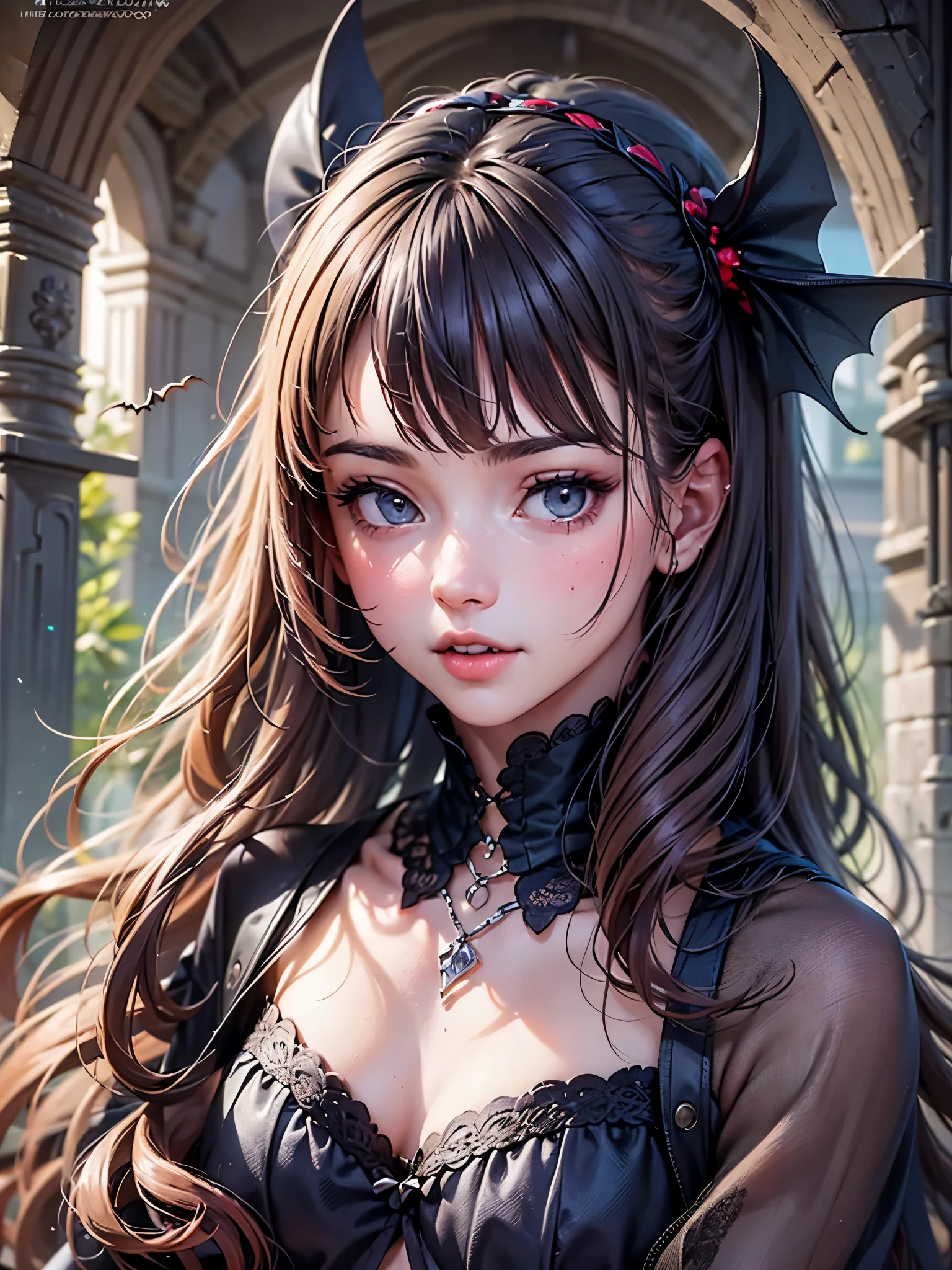 (masterpiece:1.3), (8K、photorealistic, Raw photo, best quality:1.4), (monochrome, Sepia tone, Scratching of the film), (solo), (One British girl), (beautiful face:1.2), (Beautiful face with perfect symmetry:1.2), (cute face:1.3), (perfect anatomy:1.2), (high detail skin: 1.2), (decadent, mysterious, heretical), (gothic rock), (subculture), (gothic fashion), (Vampire Dracula), (Gothic lolita style girl), (gothic architecture), (Symmetrical design), (A vampire girl stands in the center of the hall.:1.2), (There are many bats flying around the girl.:1.3), (decadent, mysterious, heretical), sharp focus, contrast lighting, high resolution 8k, crazy details, realistic, professional photography, 8k UHD, Single-lens reflex camera, soft light , high quality, film grain, Fujifilm XT3