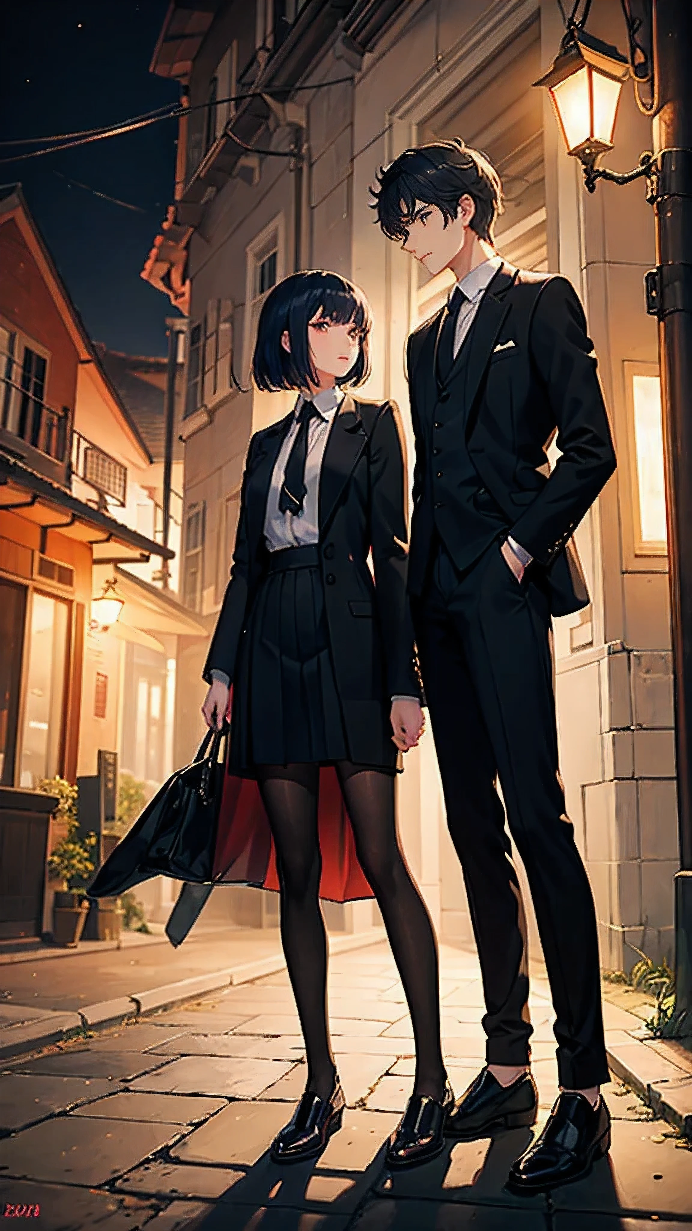 On a peaceful night,Under the street lights downstairs in the village,there is a couple,23 year old male, Height 170 cm, wearing black suit,23 year old female, Height 160 cm, Wear work clothes,Male hand lifts chin and stares deeply,Behind them are the shadows of their high school days.
