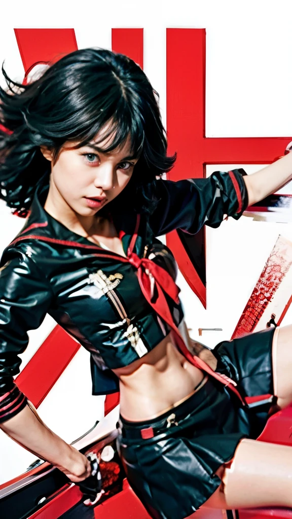 anime girl with black hair and blue eyes in a black outfit, attractive matoi ryuko, ryuko matoi, kantai collection style, kill la kill illustration, kill la kill, kantai collection arcade, style of red line anime movie, female action anime girl, akane owari danganronpa, konpeki no kantai, yandere
