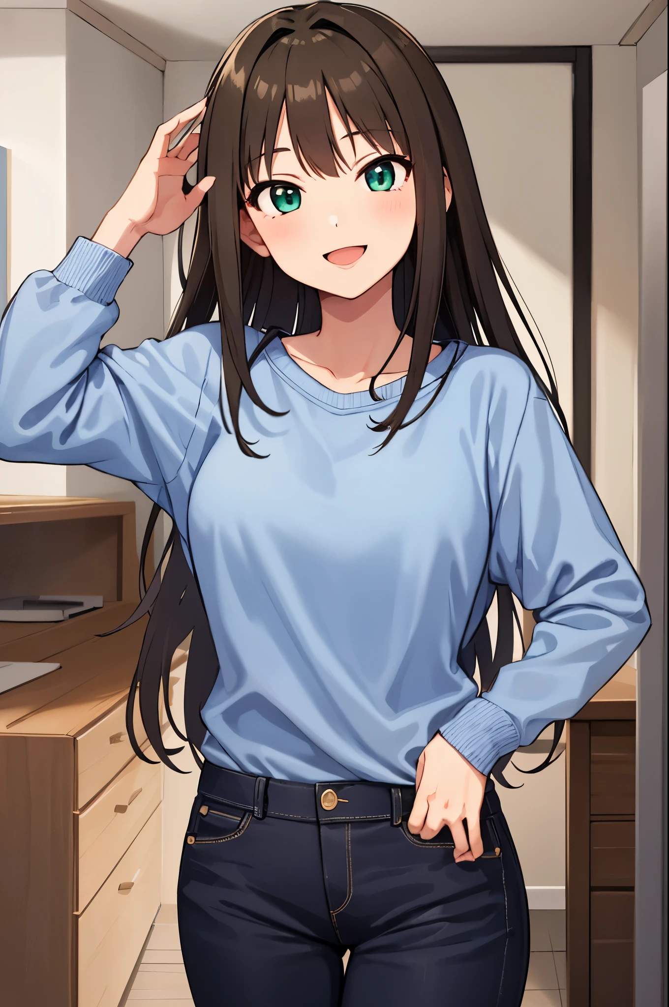Rin Shibuya、1 girl, mature woman, green eyes、black long hair、casual clothes、blue sweater、long pants、smiling a lot、A big smile, highest quality, hire, detailed face, along the coast、 home bedroom、 detailed background, Depth of written boundary, Bokeh