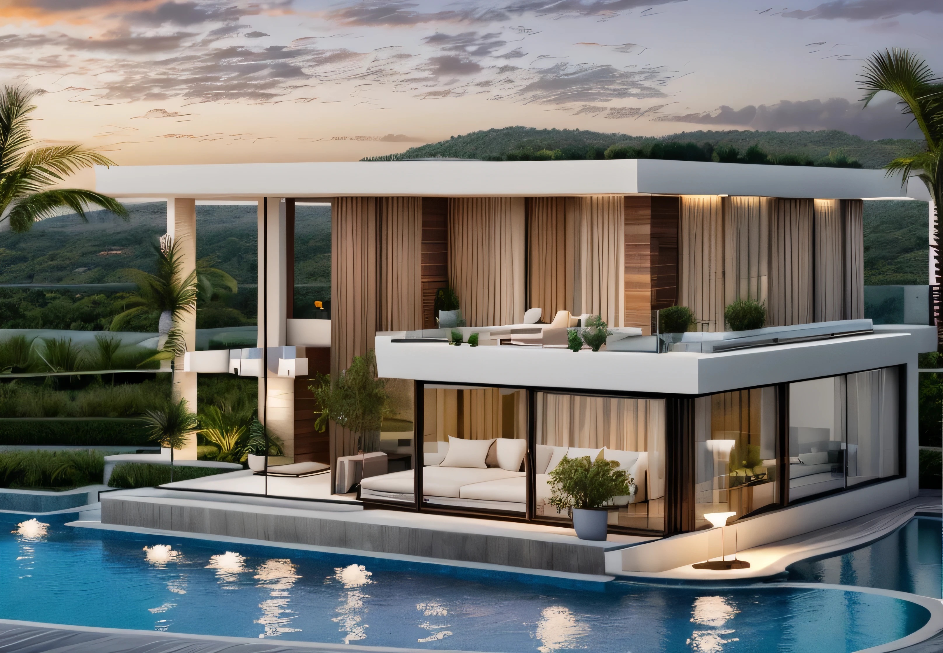 exterior architecture, modern villa, villa on the hill, yellow sunset, style tropical villa, beautiful landscape, camera raw, best quality, 4k, ultra realistic, vibes landscape, rock around villa, sun, lens 50mm