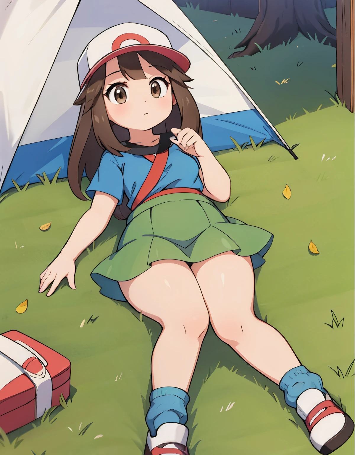 a girl lying inside a tent, ,pokemon leaf, visible thighs, red skirt, blue shirt, brown eyes, loose socks, white footwear, body shape, chubby thighs, thick thighs