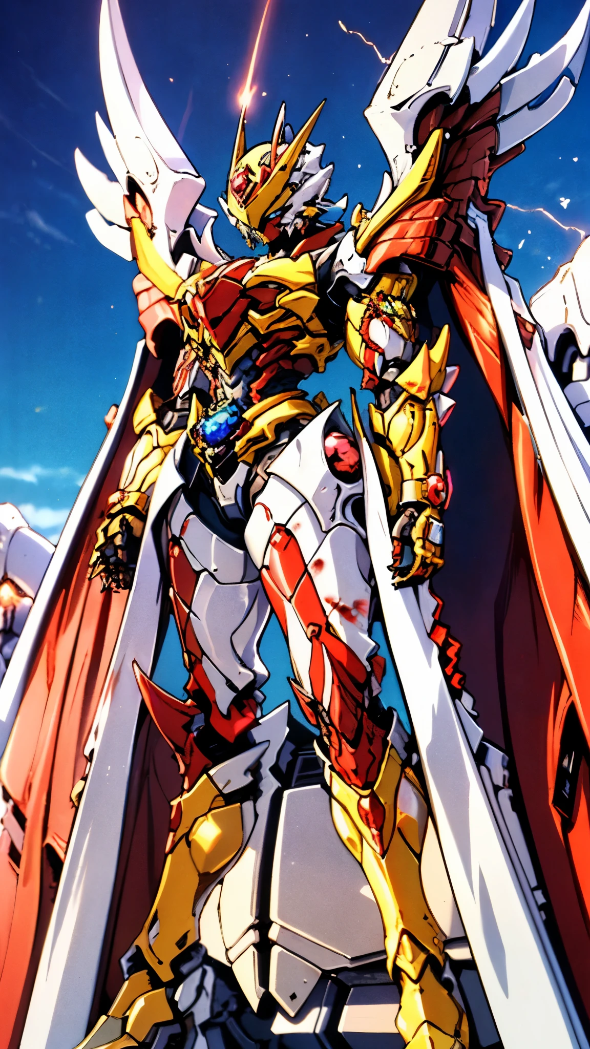 A woman adorned in fantasy-style full-body armor, a crown-concept fully enclosed helmet that unveils only her eyes, a composite layered chest plate, fully encompassing shoulder and hand guards, a lightweight waist armor, form-fitting shin guards, the overall design is heavy-duty yet flexible, ((the armor gleams with a golden glow, complemented by red and blue accents)), exhibiting a noble aura, she floats above a fantasy-surreal high-tech city, this character embodies a finely crafted fantasy-surreal style armored hero in anime style, exquisite and mature manga art style, (Queen bee mixed with Spider concept Armor, plasma, blood), ((Element, energy, elegant, goddess, femminine:1.5)), metallic, high definition, best quality, highres, ultra-detailed, ultra-fine painting, extremely delicate, professional, anatomically correct, symmetrical face, extremely detailed eyes and face, high quality eyes, creativity, RAW photo, UHD, 32k, Natural light, cinematic lighting, masterpiece-anatomy-perfect, masterpiece:1.5