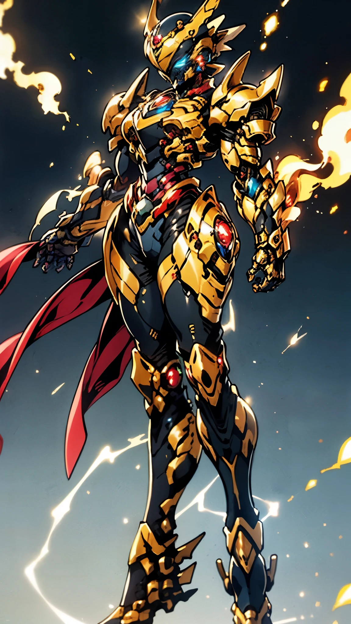 A woman adorned in fantasy-style full-body armor, a crown-concept fully enclosed helmet that unveils only her eyes, a composite layered chest plate, fully encompassing shoulder and hand guards, a lightweight waist armor, form-fitting shin guards, the overall design is heavy-duty yet flexible, ((the armor gleams with a golden glow, complemented by red and blue accents)), exhibiting a noble aura, she floats above a fantasy-surreal high-tech city, this character embodies a finely crafted fantasy-surreal style armored hero in anime style, exquisite and mature manga art style, (Queen bee mixed with Spider concept Armor, plasma, blood), ((Element, energy, elegant, goddess, femminine:1.5)), metallic, high definition, best quality, highres, ultra-detailed, ultra-fine painting, extremely delicate, professional, anatomically correct, symmetrical face, extremely detailed eyes and face, high quality eyes, creativity, RAW photo, UHD, 32k, Natural light, cinematic lighting, masterpiece-anatomy-perfect, masterpiece:1.5