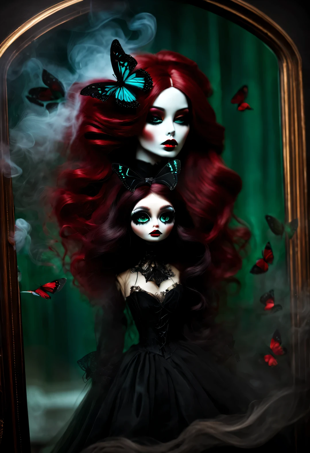 gothic dark art,Dream,Photo of black butterfly and stunning model doll,dark red hair,Smoke is floating on the face,dark green,Muppets,partial reflection in mirror