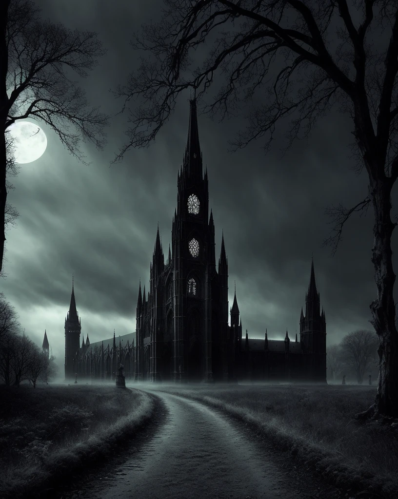 best quality,ultra-detailed,dark and mysterious gothic aesthetic,hauntingly beautiful,richly detailed architecture,elaborate stained glass windows,gargoyles and spires,moonlit night,misty atmosphere,ornate iron gates,decaying grandeur,ethereal beauty,eerie shadows,delicate lace and velvet,ominous storm clouds,whispers of ghostly presence,melancholic ambiance,subtle flickering candlelight,sublime and macabre,hauntingly romantic,depth and complexity,dramatic contrasts,subdued color palette,mystical allure,hidden secrets and mysteries,transcendent beauty,whimsical dark fantasy,enchanted Gothic dreamscape