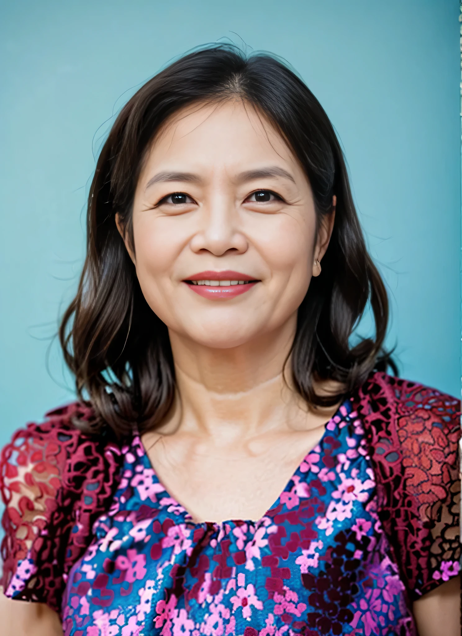 Highly realistic photo, ((masterpiece), (best quality), (raw photo), (photorealistic:1.4), Portrait of Vietnamese old woman, (60 years old), ((black hair)), ((wearing a brown shirt)), ((light blue background)) , photo taken by Sony A7IV
