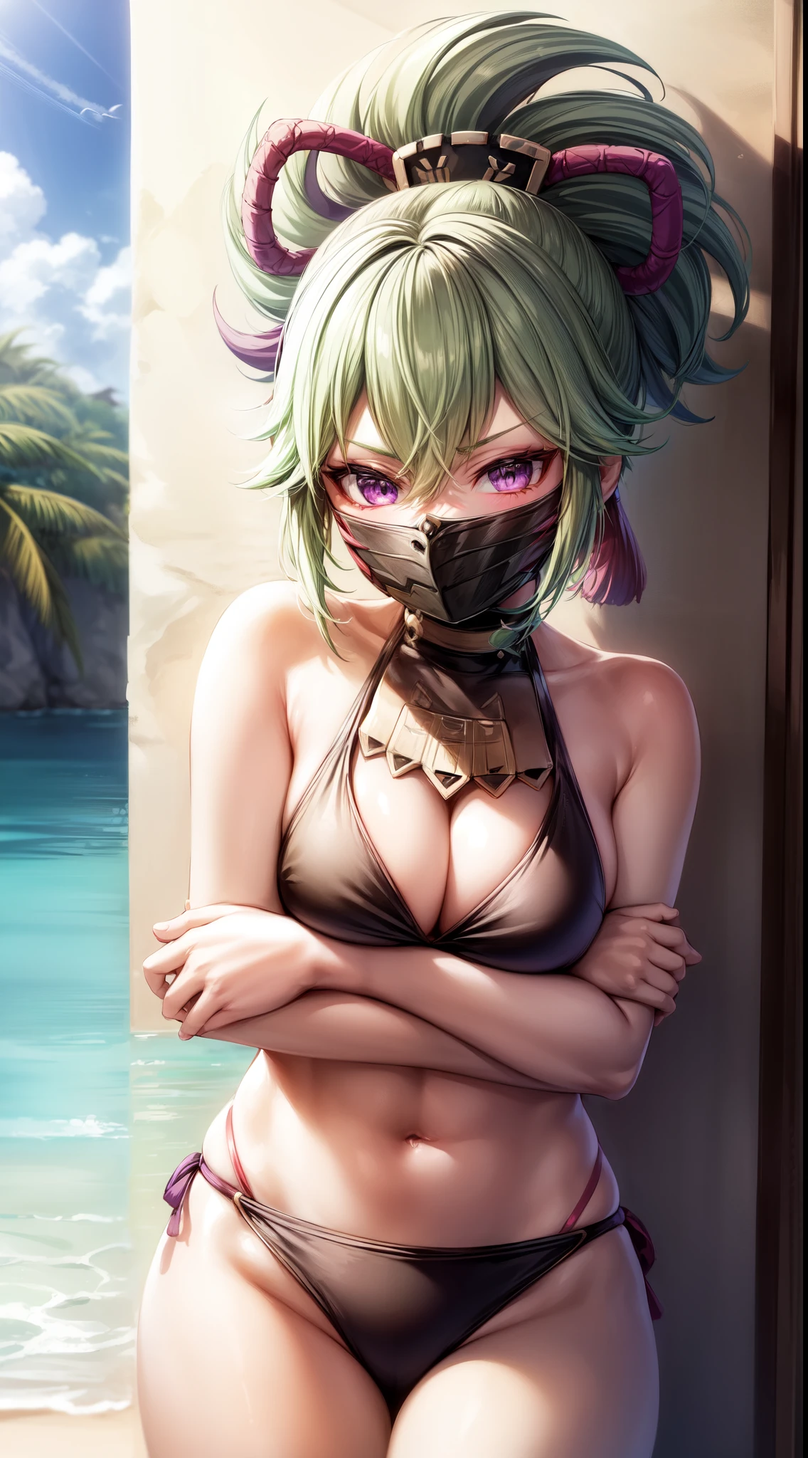 anime, beautiful face, highly detailed face, purple detailed eye, highly detailed beach background, best lighting, no shadows, 1girl, solo, outdoors, genshin impact, kuki shinobu, beautiful short green hair, hair bow, absurdres, high res, ultrasharp, 8K, masterpiece, looking at viewer, (blushing:1.1), (shinobu mask:1.2), BREAK (detailed sexy beach bikini:1.3), (sexy pose:1.2), (close up:1.1), (folded arms:1.2)