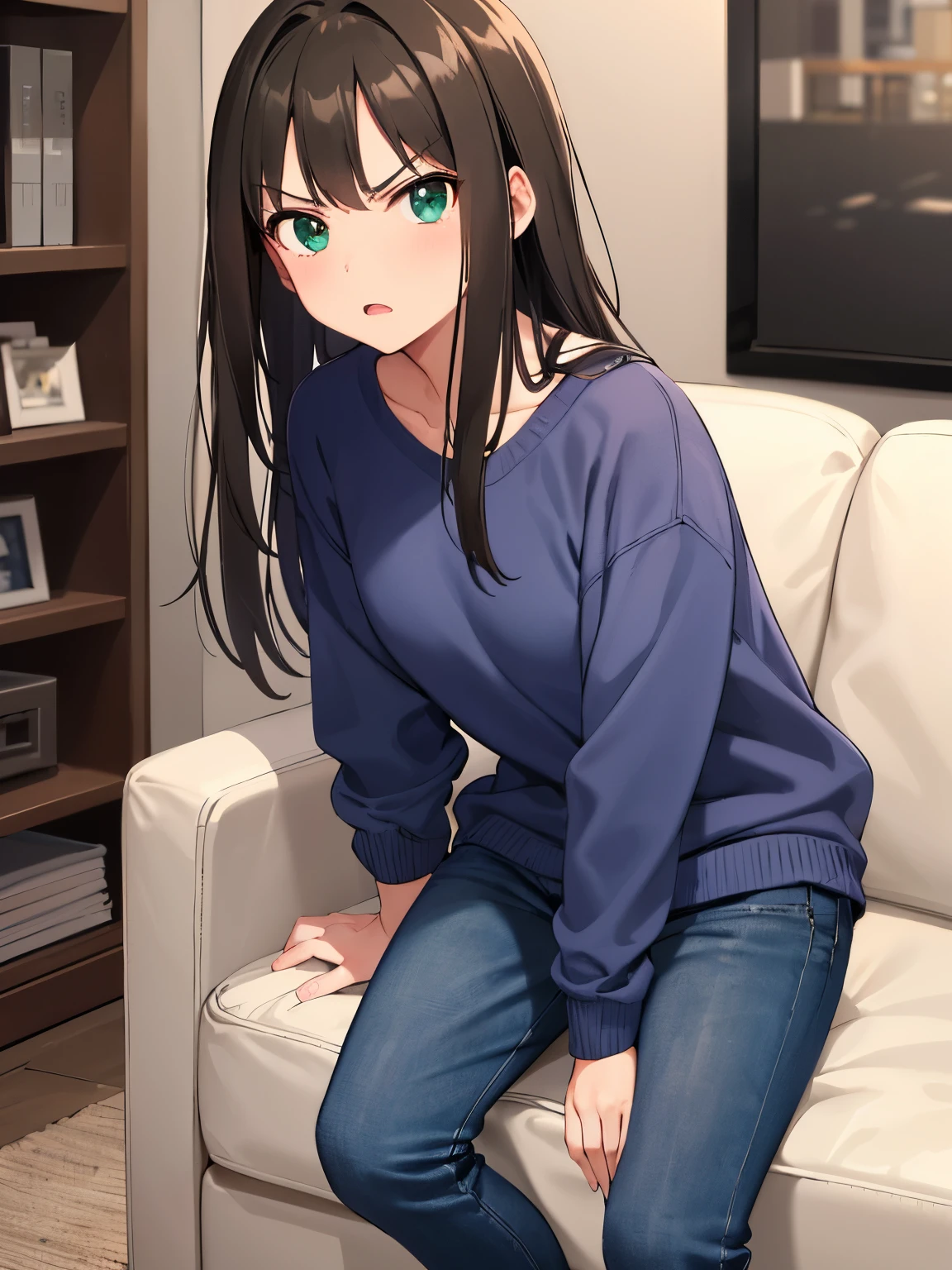 Rin Shibuya、1 girl, mature woman, green eyes、black long hair、casual clothes、blue sweater、long pants、angry、look in a bad mood, highest quality, hire, detailed face, living room at home、 detailed background, Depth of written boundary, Bokeh