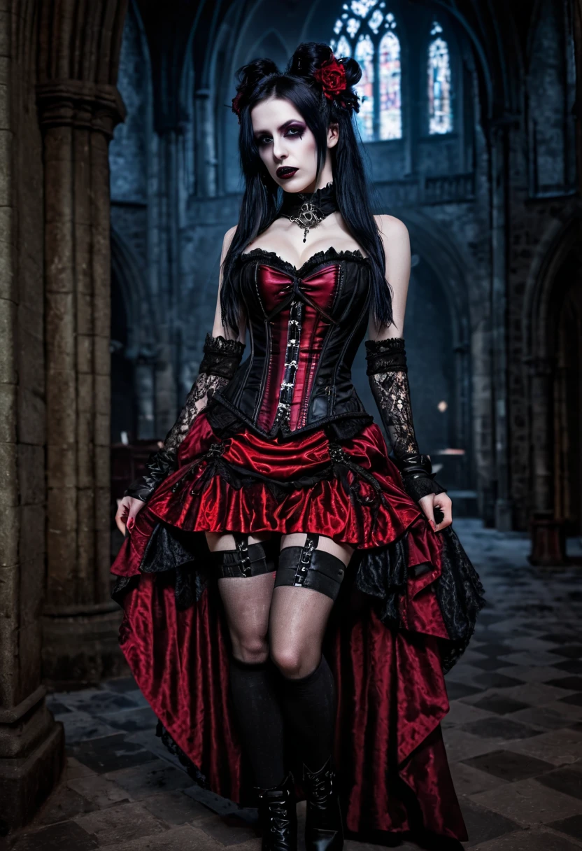 realistic photo, full shot, cyberpunk and gothic style, gothic, dark, futuristic, neo-gothic, steampunk gothic, woman (age 30), (realistic face), futuristic gothic outfit, pale skin, black gothick makeup, long dark hair in gothick hairstyle, with red highlights, red corset, black and red gothic lolita skirt with long back, black stockings (cabaret), lace, boots with a high upper imersive gothic background, neon lighting (dark purple, dark red, little yellow), gothic cathedral with neons, raw photo, HDR, camera (full shot, low angle)