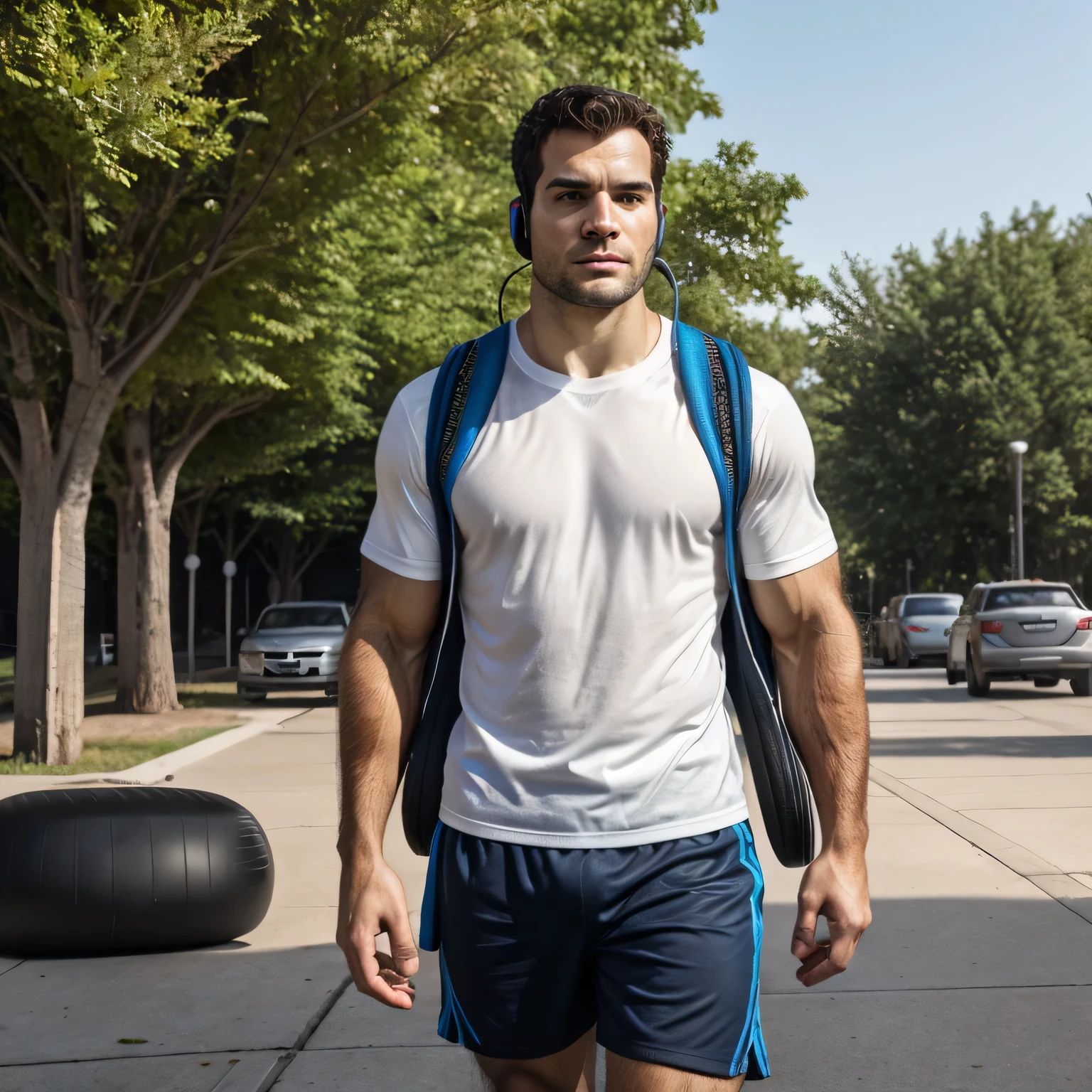 Qualidade de imagem ultra-alta, realistic and strong male characteristics, um homem inspirado em Henry Cavill como Wolverine, A man in a black shirt and headphones stands on the street with a bottle of water, using gym equipment, obturador, ele tem fones de ouvido, retrato de corpo inteiro segurando garrafa, Jovem de short, roupa de esporte, com fones de ouvido, usando fones de ouvido, usando fones de ouvido pretos, athletic man in his 30s, com fones de ouvido, roupa de esporte, fones de ouvido, extremely hot and sexy perfect abdomen, full body view (vista frontal), luz difusa, location: estacionamento vazio da academia, foto colorida, (candid human pele), pele