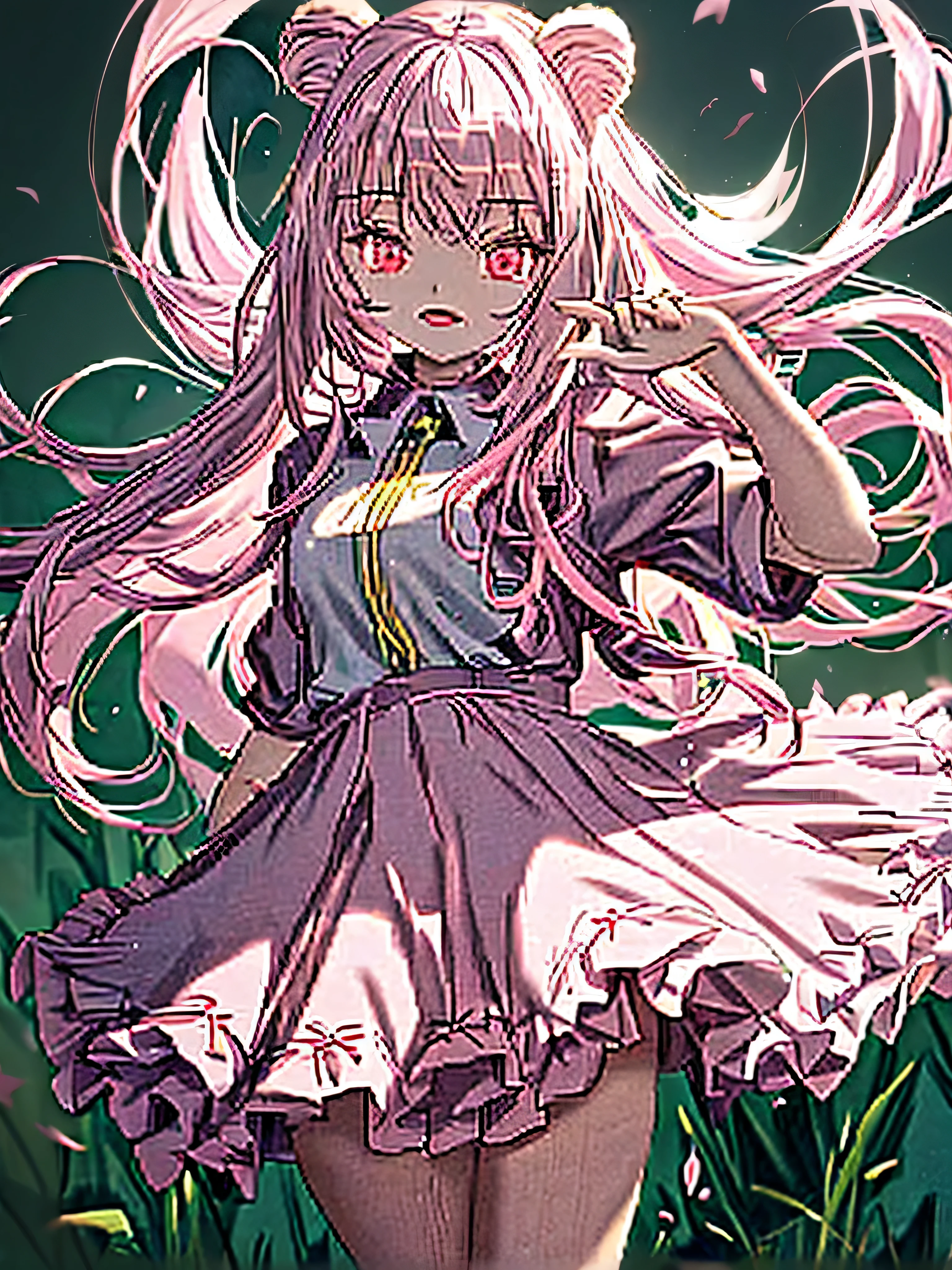 bear ears,pink long hair,,anime character,beautiful girl,Pink bear,magic,(highest quality), very detailed, ((1 girl)), focus only，Low - Angle，dynamic，jump，((smile))，perfect face, beautiful face, very detailedな顔， (pink long hair_pink eyes:1.3)，smile with your mouth wide open，((pink bear ears)) ,((full body shot)), cowboy shot, green background, floating,missing fingers,(turn your arms behind your back),(long shot), wide shot,extreme long shot, (intense wide shot)