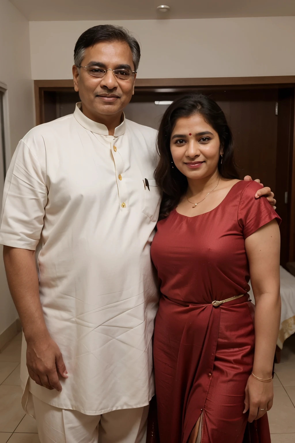 Photoshoot frame picture of an Indian couple, husband and wife, old aged husband, old aged fat wife, fat, wearing traditional Indian clothes, ultra realistic, perfect face, perfect features, perfect eyes, smiling while looking into the camera