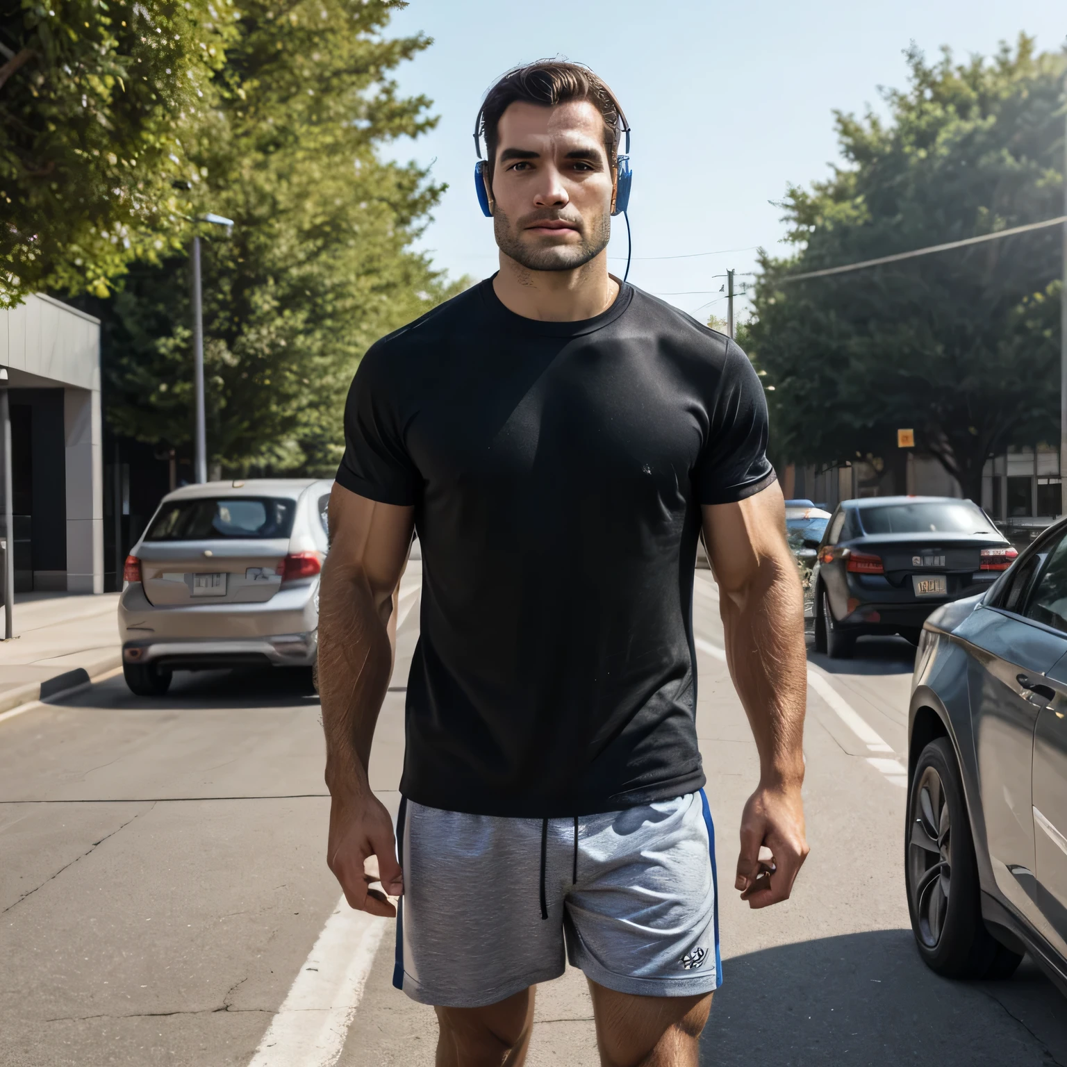 Qualidade de imagem ultra-alta, realistic and strong male characteristics, um homem inspirado em Henry Cavill como Wolverine, A man in a black shirt and headphones stands on the street with a bottle of water, using gym equipment, obturador, ele tem fones de ouvido, retrato de corpo inteiro segurando garrafa, Jovem de short, roupa de esporte, com fones de ouvido, usando fones de ouvido, usando fones de ouvido pretos, athletic man in his 30s, com fones de ouvido, roupa de esporte, fones de ouvido, extremely hot and sexy perfect abdomen, full body view (vista frontal), luz difusa, location: estacionamento vazio da academia, foto colorida, (candid human pele), pele