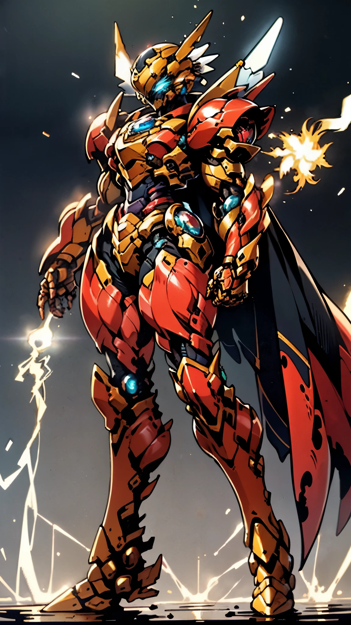 A woman adorned in fantasy-style full-body armor, a crown-concept fully enclosed helmet that unveils only her eyes, a composite layered chest plate, fully encompassing shoulder and hand guards, a lightweight waist armor, form-fitting shin guards, the overall design is heavy-duty yet flexible, ((the armor gleams with a golden glow, complemented by red and blue accents)), exhibiting a noble aura, she floats above a fantasy-surreal high-tech city, this character embodies a finely crafted fantasy-surreal style armored hero in anime style, exquisite and mature manga art style, (Queen bee mixed with Spider concept Armor, plasma, blood), ((Element, energy, elegant, goddess, femminine:1.5)), metallic, high definition, best quality, highres, ultra-detailed, ultra-fine painting, extremely delicate, professional, anatomically correct, symmetrical face, extremely detailed eyes and face, high quality eyes, creativity, RAW photo, UHD, 32k, Natural light, cinematic lighting, masterpiece-anatomy-perfect, masterpiece:1.5