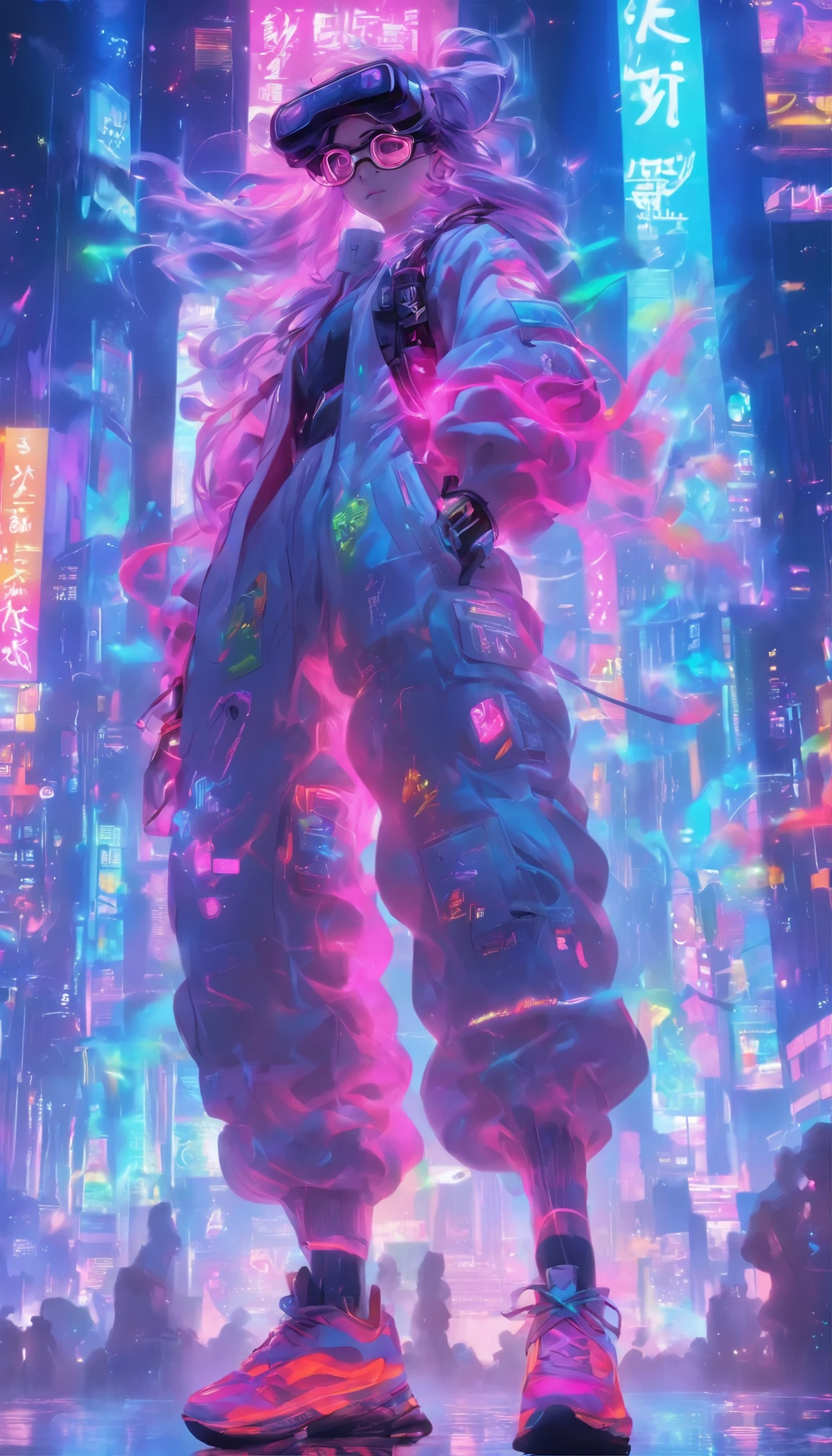 （best quality：1.3），（masterpiece：1.2），16k，level picture quality，future technology，A man wearing a cyberpunk-style biochemical suit，Woman wearing high-end VR glasses，（glowing electronic screen：1.5），（Electronic information flow：1.3），Holographic projection，（Glowing electronic screen on arm：1.2），Luminous text on thigh，Glowing electronic shoes，whole body，dynamic poses，Colored smoke，City blocks，skyscraper，neon lights，