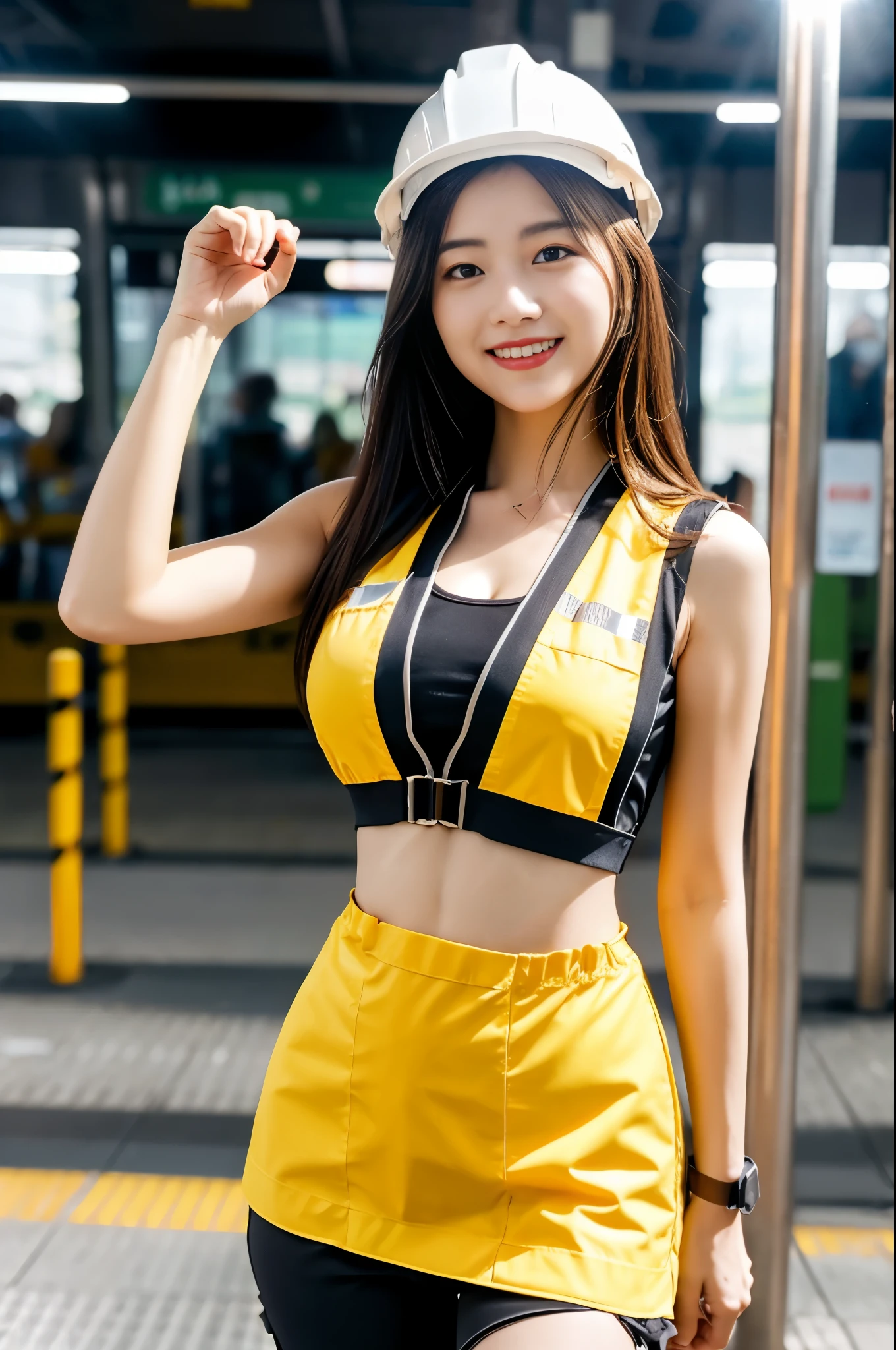 (((subway track maintenance worker costume))),(((reflective vest))),(((hard hat))),(((rubber boots))),(((first pump))),(((bare inner thigh))),(((double-breasted,underbust:1.2))),(((safety cone and rammer))),ulzzang-6500-v1.1, (Raw photo:1.2), (Photo realistic:1.4), a beautiful detailed girl, extremely detailed eye and face, beautiful detailed eyes, ultra-detailed, High resolution, top-quality, masterpiece, highly detailed, 8k wallpaper, Wonderful, finely detail, top-quality, Light on the face,电影灯光,1girl in,(),Beautiful eyes,smile,Opening Mouth