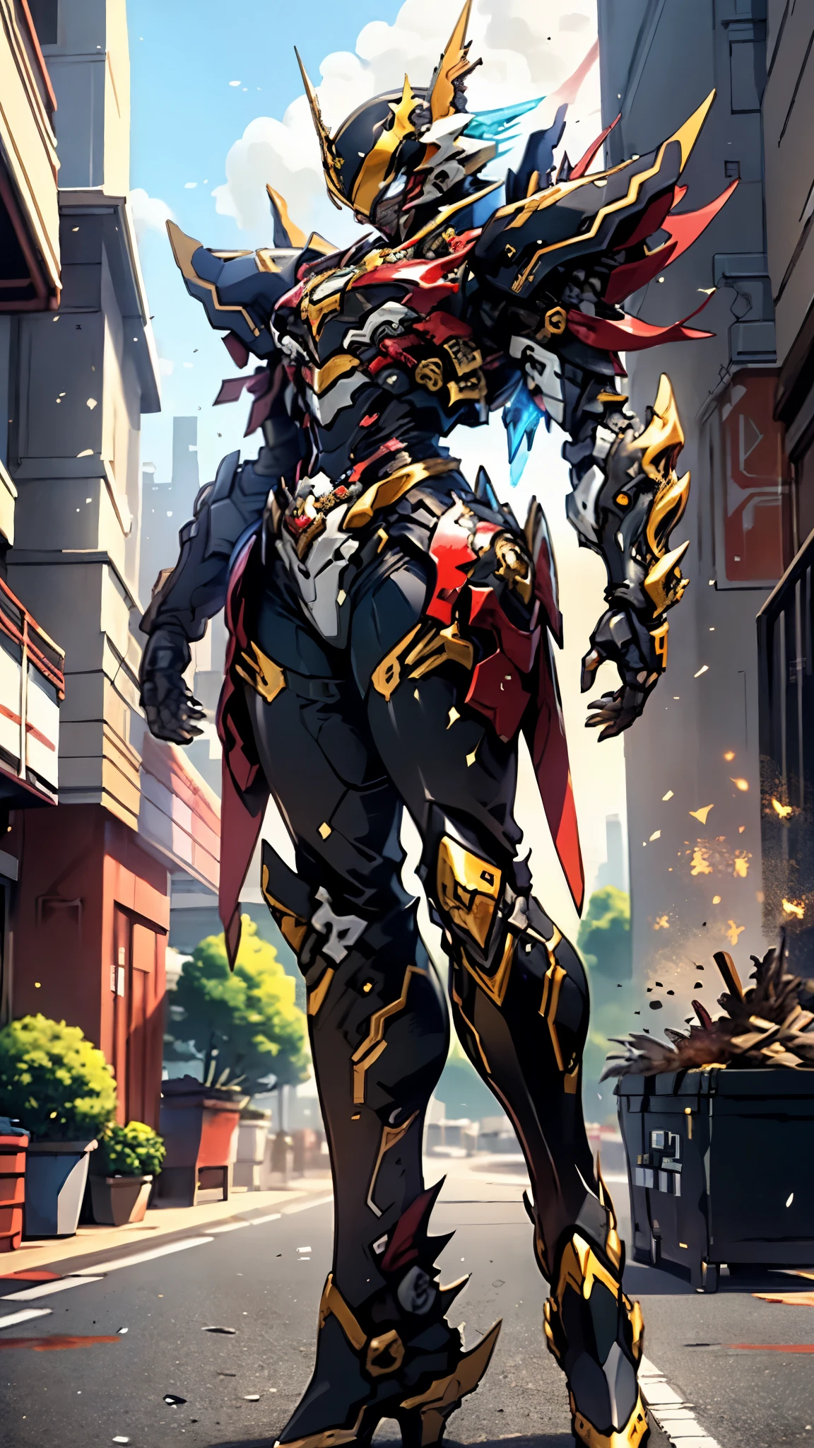 A woman adorned in fantasy-style full-body armor, a crown-concept fully enclosed helmet that unveils only her eyes, a composite layered chest plate, fully encompassing shoulder and hand guards, a lightweight waist armor, form-fitting shin guards, the overall design is heavy-duty yet flexible, ((the armor gleams with a golden glow, complemented by red and blue accents)), exhibiting a noble aura, she floats above a fantasy-surreal high-tech city, this character embodies a finely crafted fantasy-surreal style armored hero in anime style, exquisite and mature manga art style, (Queen bee mixed with Spider concept Armor, plasma, blood), ((Element, energy, elegant, goddess, femminine:1.5)), metallic, high definition, best quality, highres, ultra-detailed, ultra-fine painting, extremely delicate, professional, anatomically correct, symmetrical face, extremely detailed eyes and face, high quality eyes, creativity, RAW photo, UHD, 32k, Natural light, cinematic lighting, masterpiece-anatomy-perfect, masterpiece:1.5