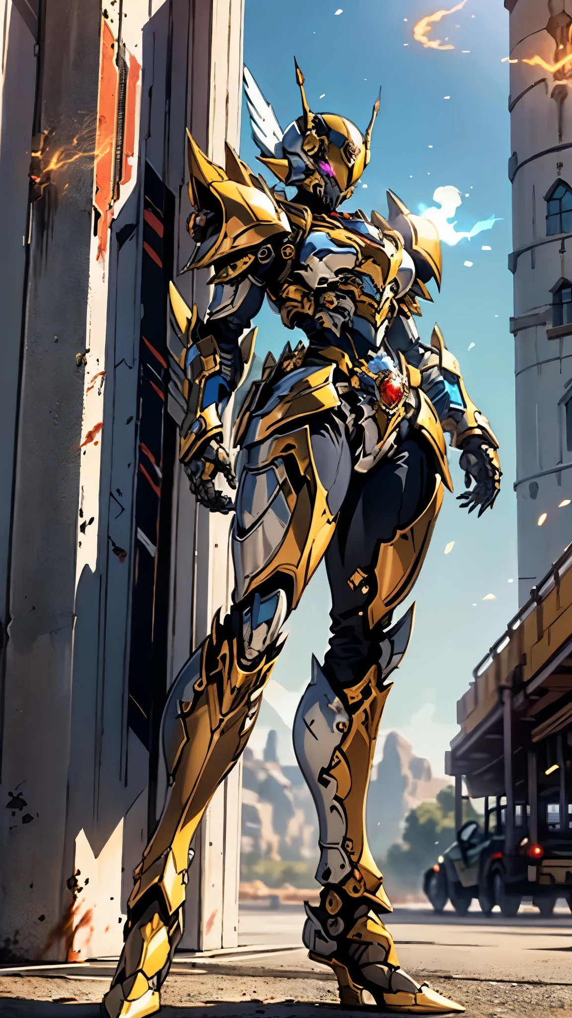 A woman adorned in fantasy-style full-body armor, a crown-concept fully enclosed helmet that unveils only her eyes, a composite layered chest plate, fully encompassing shoulder and hand guards, a lightweight waist armor, form-fitting shin guards, the overall design is heavy-duty yet flexible, ((the armor gleams with a golden glow, complemented by red and blue accents)), exhibiting a noble aura, she floats above a fantasy-surreal high-tech city, this character embodies a finely crafted fantasy-surreal style armored hero in anime style, exquisite and mature manga art style, (Queen bee mixed with Spider concept Armor, plasma, blood), ((Element, energy, elegant, goddess, femminine:1.5)), metallic, high definition, best quality, highres, ultra-detailed, ultra-fine painting, extremely delicate, professional, anatomically correct, symmetrical face, extremely detailed eyes and face, high quality eyes, creativity, RAW photo, UHD, 32k, Natural light, cinematic lighting, masterpiece-anatomy-perfect, masterpiece:1.5