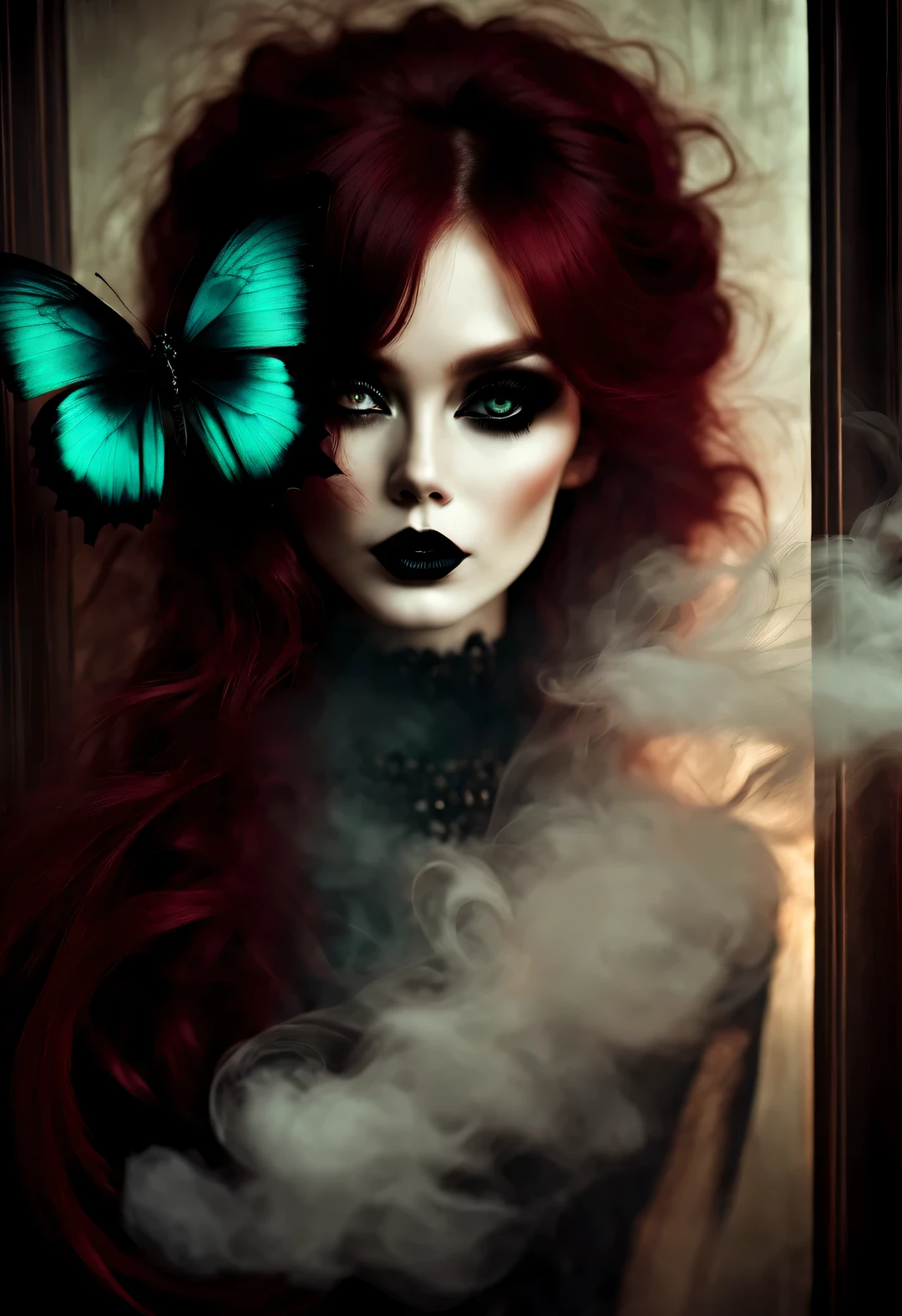 gothic dark art,Dream,Photo of black butterfly and stunning rag doll,dark red hair,Smoke is floating on the face,dark green,,partial reflection in mirror