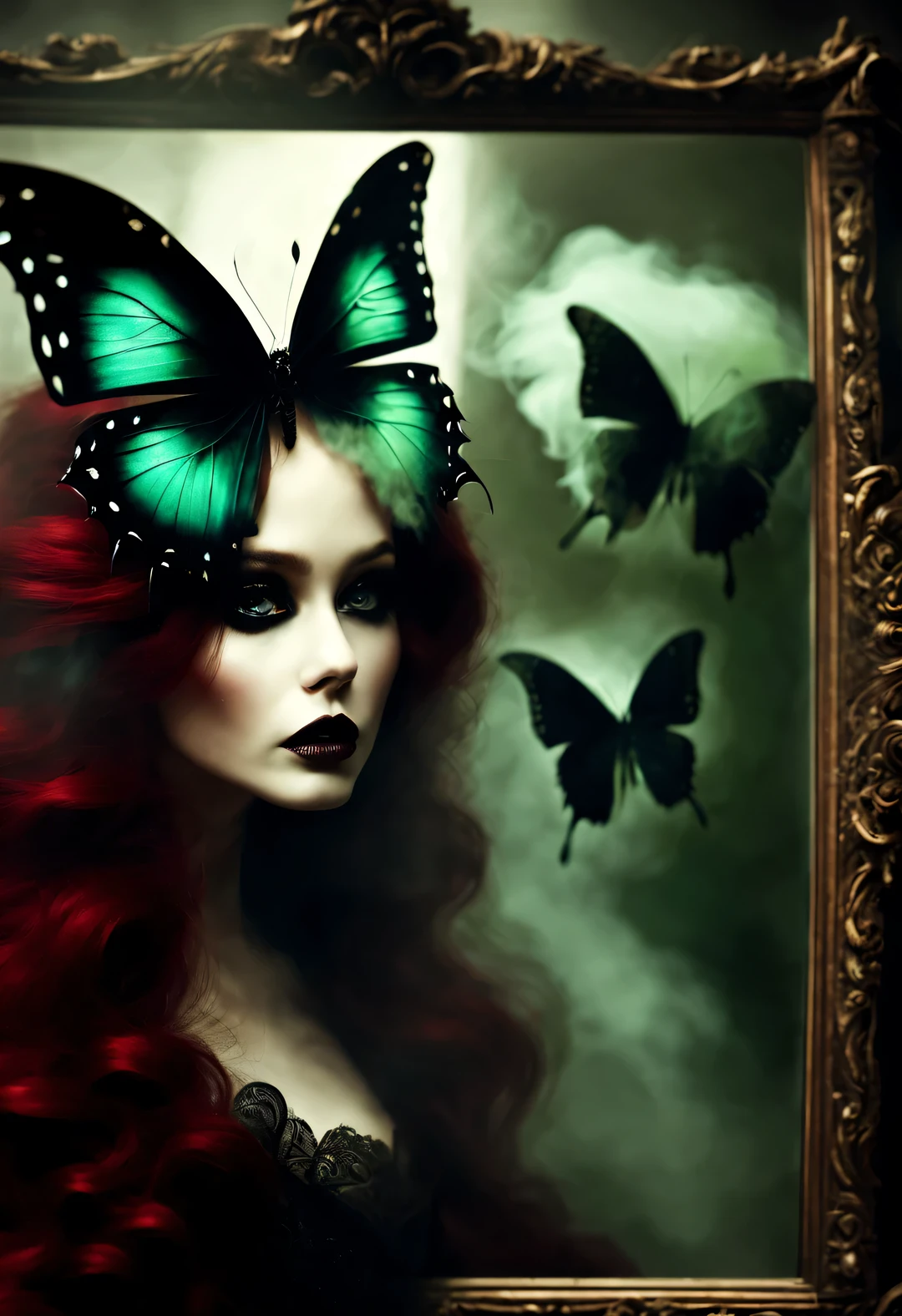 gothic dark art,Dream,Photo of black butterfly and stunning rag doll,dark red hair,Smoke is floating on the face,dark green,,partial reflection in mirror