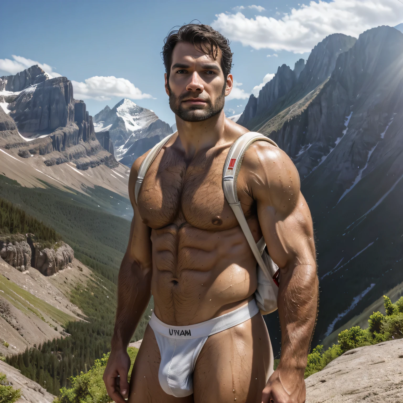 Qualidade de imagem ultra-alta, realistic and strong male characteristics, um homem inspirado em Henry Cavill como Wolverine, Homem musculoso, detailed vein muscles, Um homem, usando jockstrap branco sujo e mochila de caminhada, imundo, suado, pernas muito peludas, ao fundo uma montanha, trilha de caminhada, ao ar livre, amazing composition, vista frontal, hdr, volumetric lighting, ultra qualidade, elegante, altamente detalhado, perfect abdomen extremely hot and sexy, full body view (vista frontal), luz difusa, location: ao fundo uma montanha, trilha de caminhada, ao ar livre, amazing composition, vista frontal, hdr, volumetric lighting, ultra qualidade, foto colorida, (candid human pele), pele