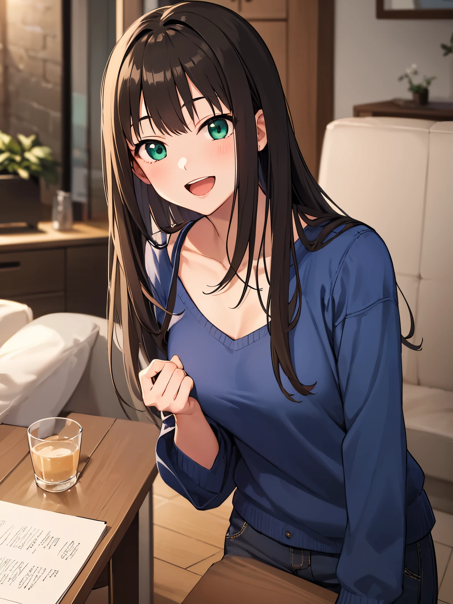 RIN SHIBUYA、1 girl, mature woman, green eyes、black long hair、casual clothes、blue sweater、long pants、laugh a lot、big smile, highest quality, hire, detailed face,  living room at home、 detailed background, Depth of written boundary, Bokeh