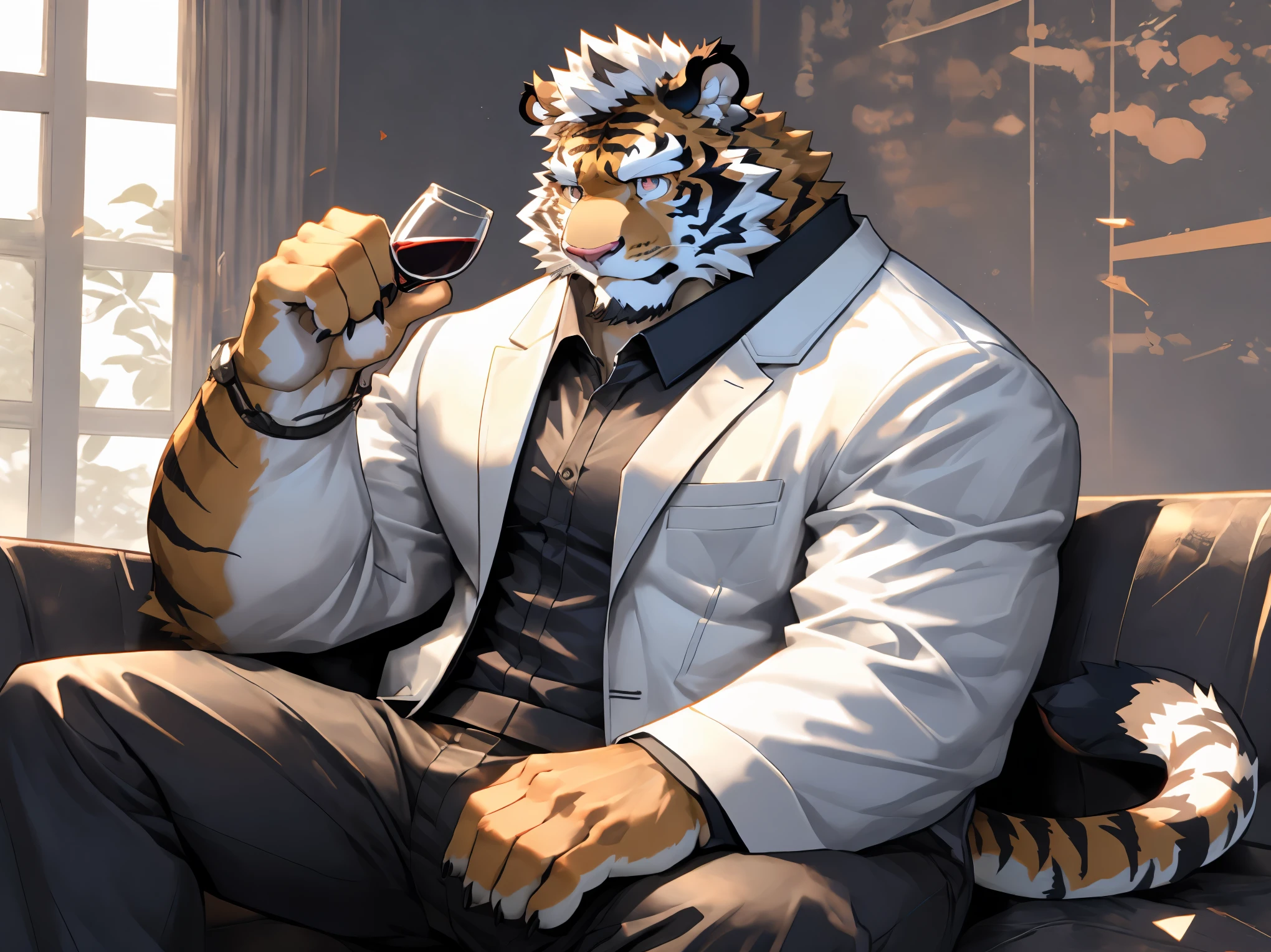 (disney),anime character with tiger, tiger_beast, Firmware version, high resolution committee, ((tiger)), gigachad muscular, muscular!!, only, anthropomorphic tiger, muscular character, Kushat Konzi, super detailed!!, muscular!!, beefy, body committee, Full body details are very rich,16k,(Full white suit body:1.4),(The two eyes are not the same color，Pupils of different colors:1.5),HD,(colored hair,Eyebrow:1.5),(High cold posture:1.5),(Sitting on the sofa:1.3),(Cold eyes:1.5),(dick:1.5),solo,Sitting on the sofa,(Facial detail drawing:1.5),(white tiger tail),(white face pattern),(front view),(Modern villa background:1.3),(living room:1.3),(Perfect body proportions:1.5),(back wall window:1.3),(Holding a wine glass in his hand)