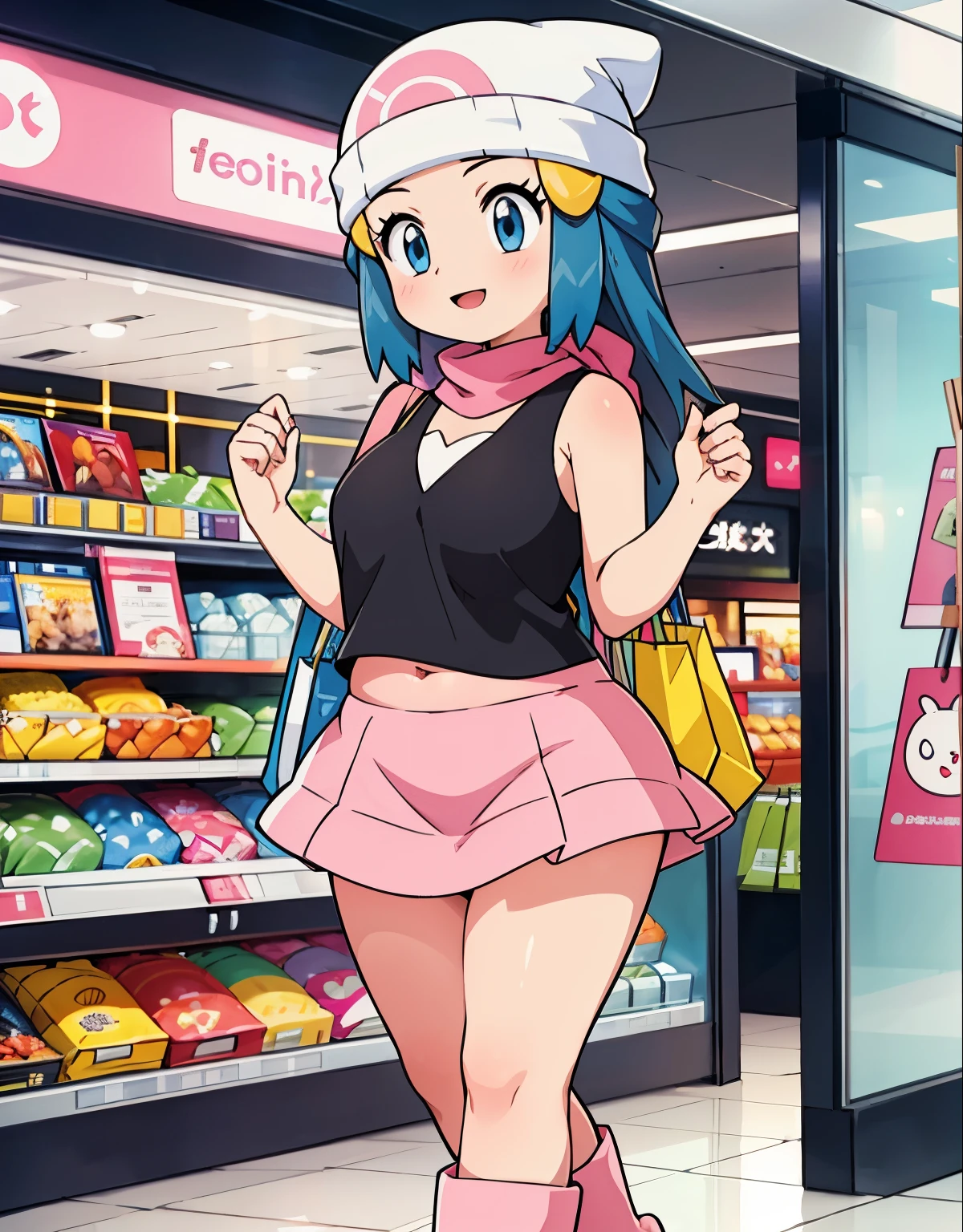 best quality,4k,8k,highres,masterpiece:1.2,ultra-detailed,realistic:1.37,portrait,illustration,girldawn \(pokemon\), beanie, long hair, blue hair, blue eyes, black sleeveless shirt, pink scarf, pink skirt, pink boots, body shape, curvy, downblouse, visible navel, chubby thighs,beautiful detailed eyes,beautiful detailed lips,detailed facial features,shopping mall,joyful expression,colorful clothing,modern fashion,shiny floors,large glass windows,brand name stores,shopping bags,escalators,crowded aisles,bustling atmosphere,shopping spree,happy atmosphere,vivid colors,soft natural lighting