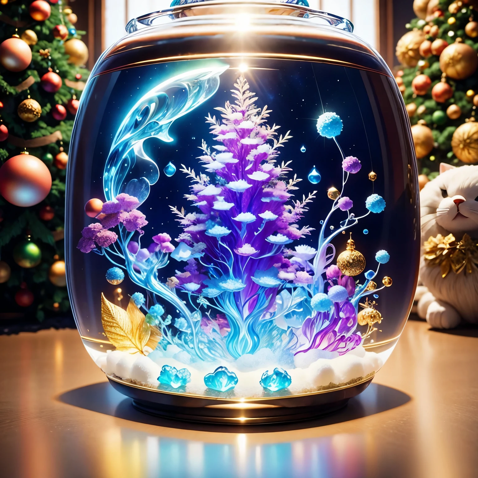 (La best quality,high resolution,super detailed,actual)，flowers formed from jelly，in the room，Christmas decoration，surrounded by christmas gifts，A masterpiece full of fantasy elements）））， （（best quality））， （（intricate details））（8k）