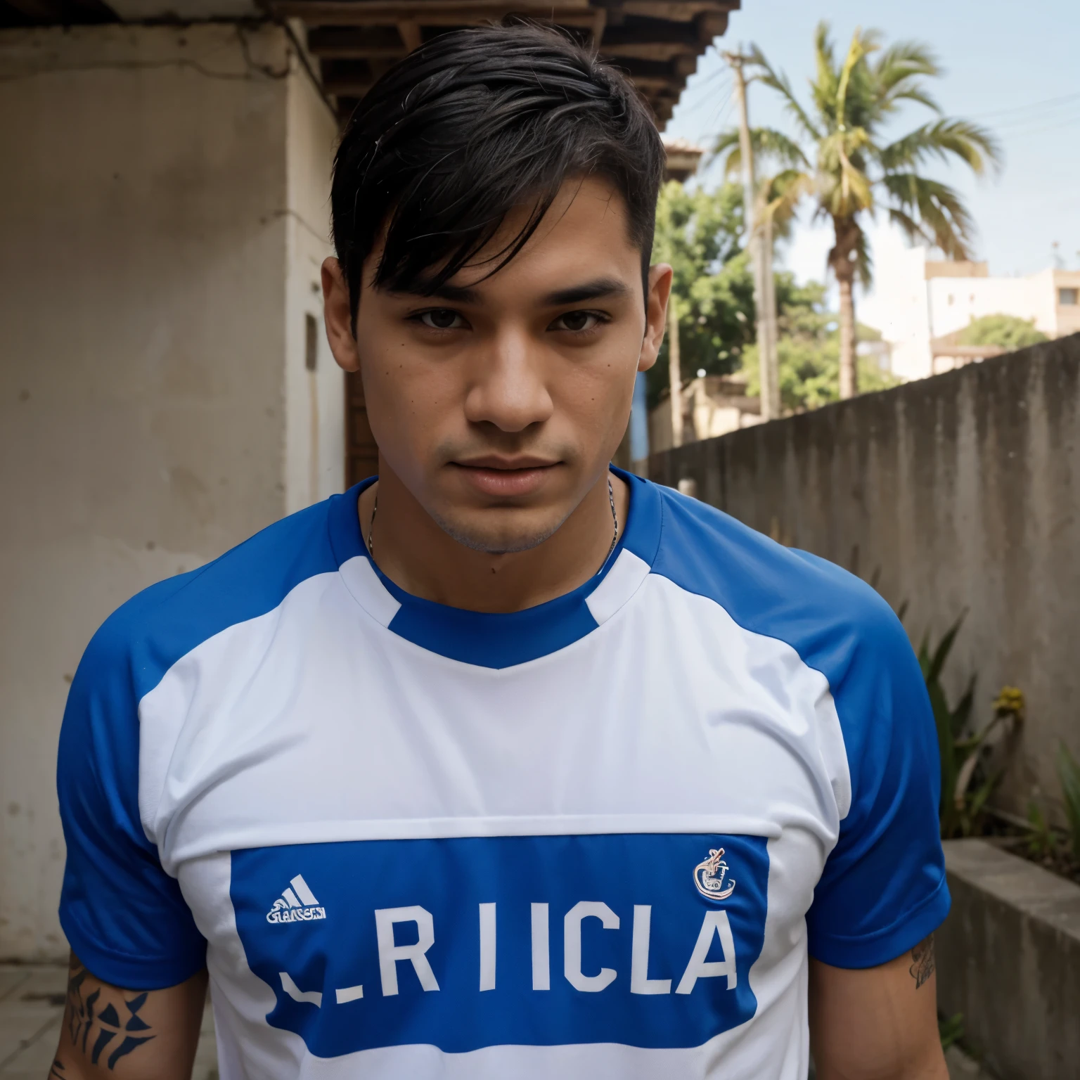 Chico joven moreno masturbandose. Viste camiseta futbol azul y blanco. Tiene ojos verdes y llora de la emocion. He is missing a tooth and has a small tattoo on his chest.
