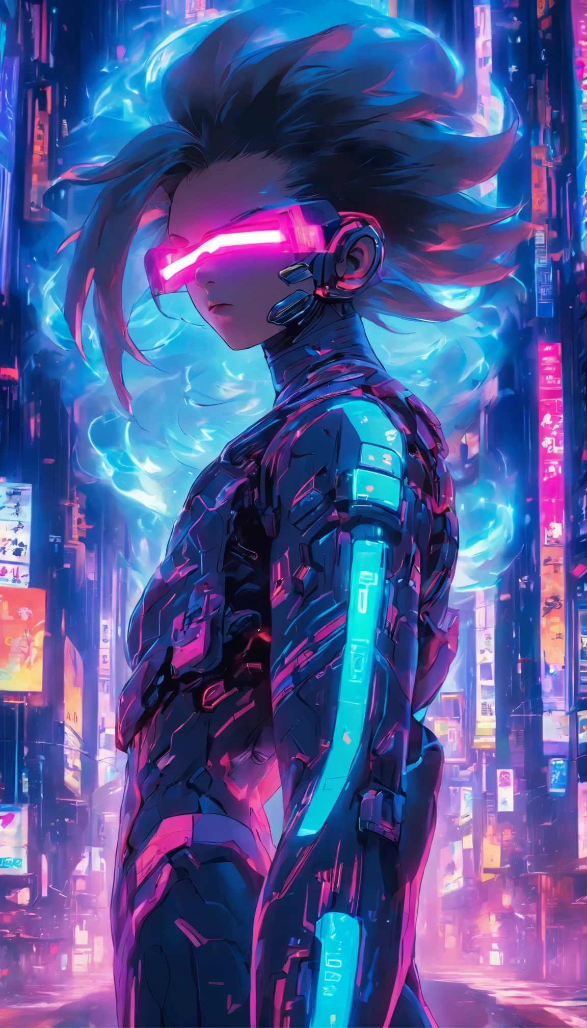 （best quality：1.3），（masterpiece：1.2），16k，level picture quality，future technology，1girl，A man wearing a cyberpunk-style biochemical suit，Woman wearing VR glasses，（glowing electronic screen），（Electronic information flow：1.3），Holographic projection，（Glowing electronic screen on arm：1.2），whole body多线条光条，Luminous text on thigh，Glowing electronic shoes，whole body，dynamic poses，Colored smoke，City blocks，skyscraper，neon lights，