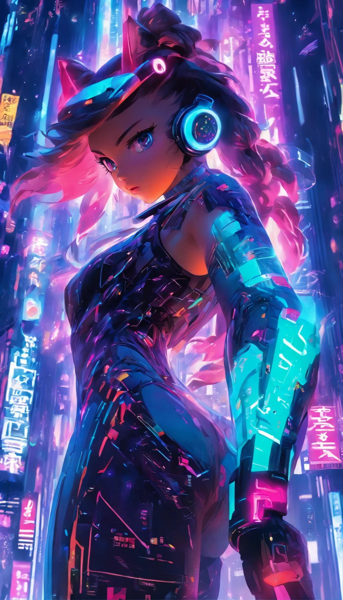 （best quality：1.3），（masterpiece：1.2），16k，level picture quality，future technology，1girl，A man wearing a cyberpunk-style biochemical suit，Woman wearing VR glasses，（glowing electronic screen），（Electronic information flow：1.3），Holographic projection，（Glowing electronic screen on arm：1.2），whole body多线条光条，Luminous text on thigh，Glowing electronic shoes，whole body，dynamic poses，Colored smoke，City blocks，skyscraper，neon lights，