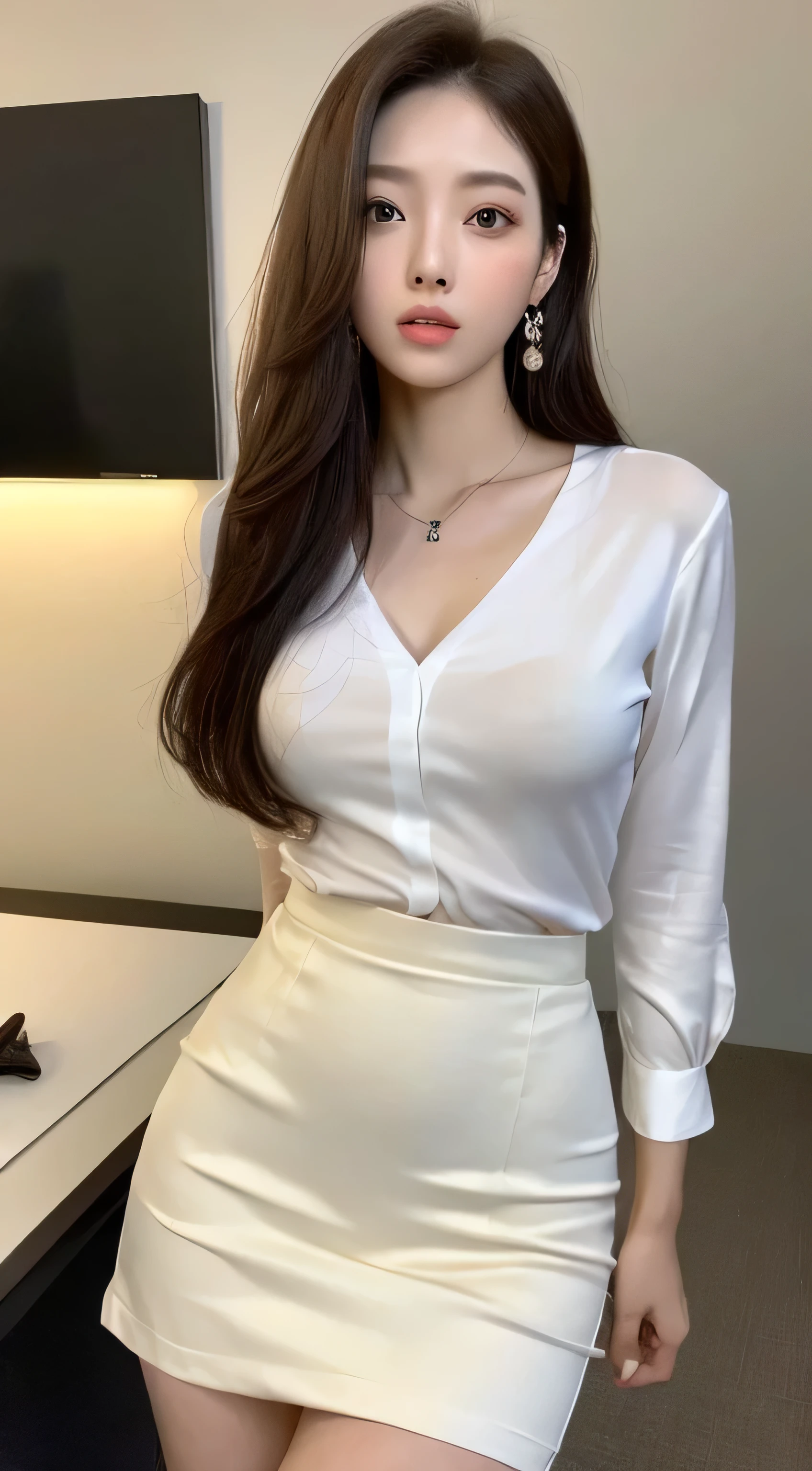 ((Best Quality, 32K, Masterpiece: 1.2)), 1 korean model girl, (white silk pencil shirt), Acura, black pencil skirt, full body, office, white pointed heels, earings on ears, pendent, beautiful eyes, real, full bodyesbian，long leges, perfect figure beautiful woman：1.2, Highly detailed facial and skin texture, detailed eye, Double eyelid, real human, realistic, body, full body, beautiful gorgeous face, face shape perfect, 