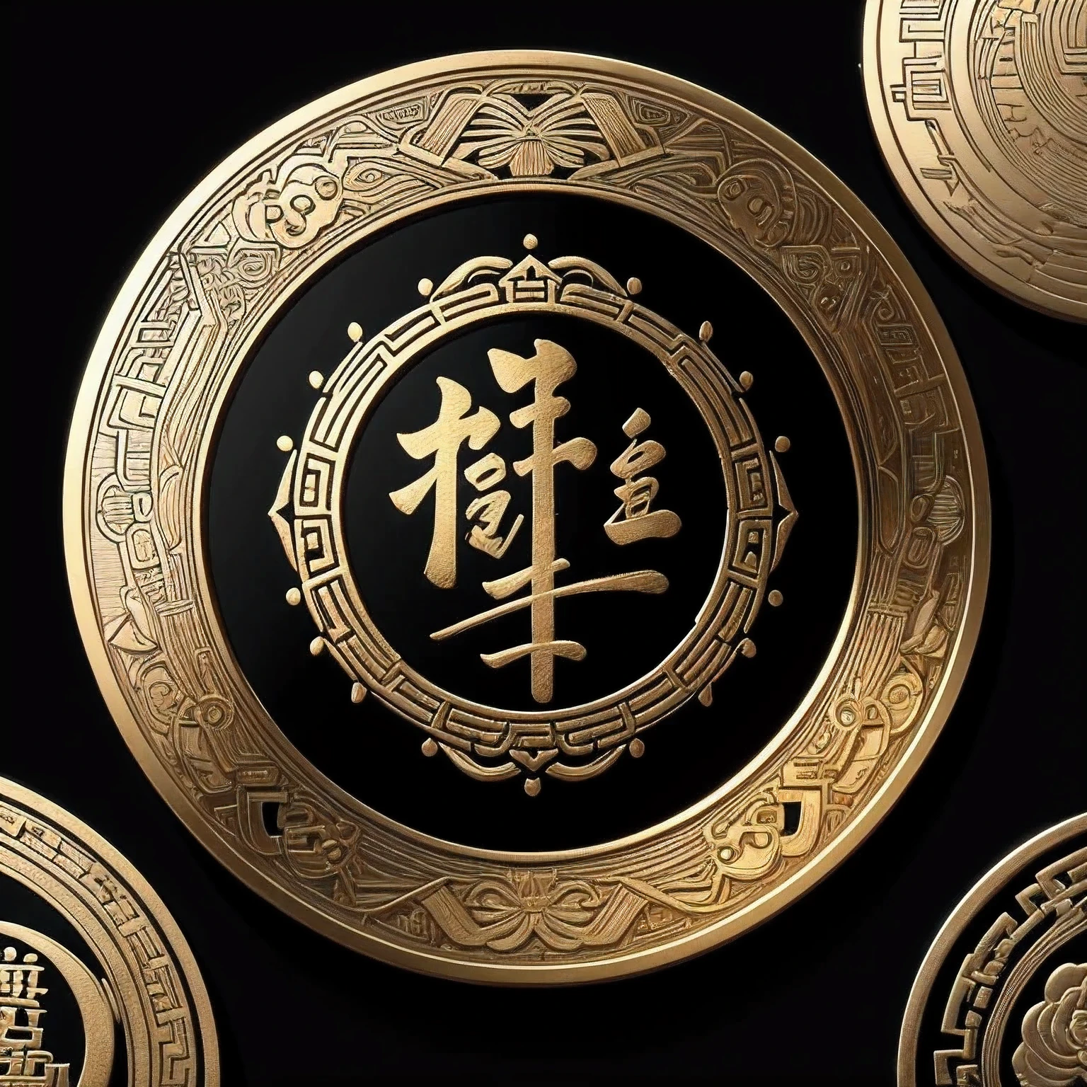 uma moeda de ouro com kanji kami no meio , clean and sharp lines , estilo de livro para colorir , fosco , detalhes intrincados , Chinese style art. fundo preto. Vista do topo