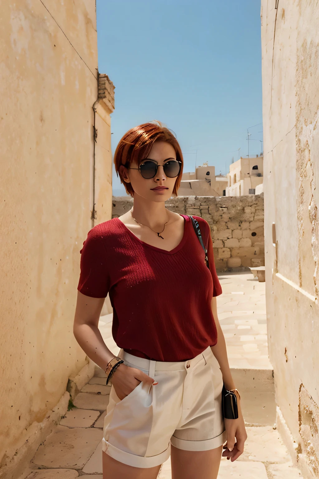 red short hair girl influencer puglia invernal style clothes with sunglasses