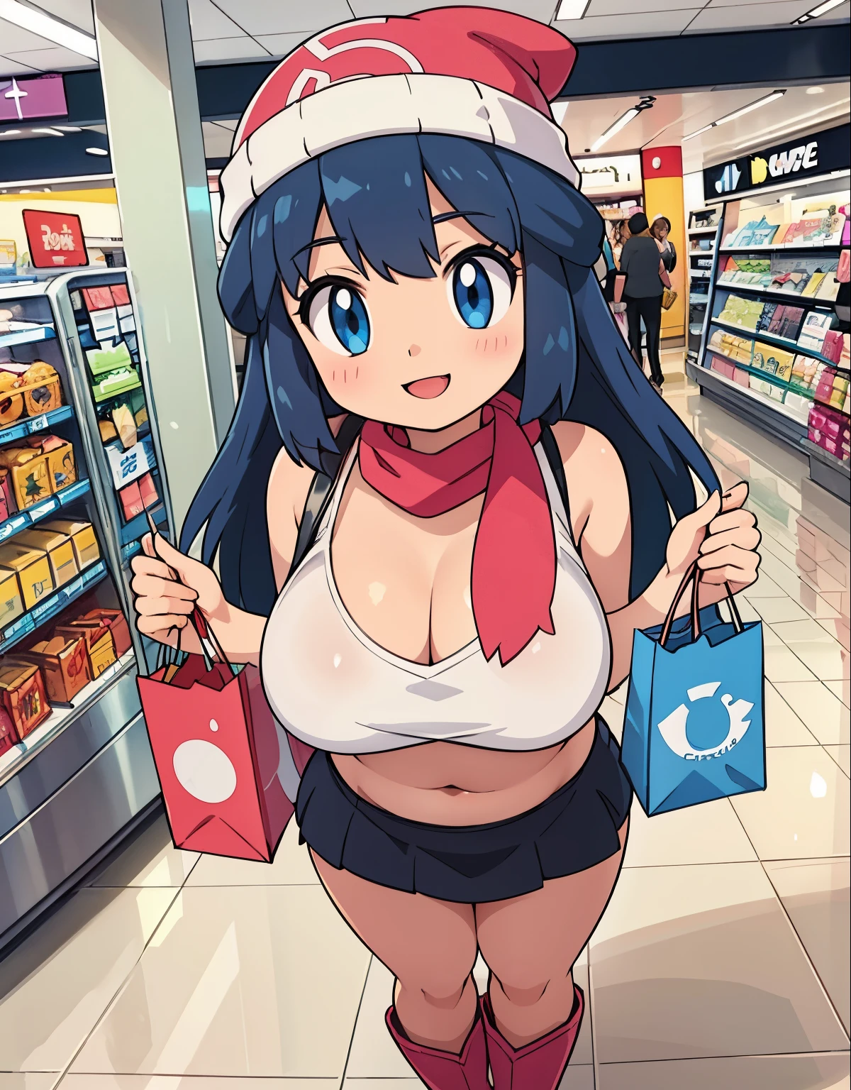 best quality,4k,8k,highres,masterpiece:1.2,ultra-detailed,realistic:1.37,portrait,illustration,girldawn \(pokemon\), beanie, long hair, blue hair, blue eyes, black sleeveless shirt, pink scarf, pink skirt, pink boots, body shape, curvy, downblouse, visible navel, chubby thighs,beautiful detailed eyes,beautiful detailed lips,detailed facial features,shopping mall,joyful expression,colorful clothing,modern fashion,shiny floors,large glass windows,brand name stores,shopping bags,escalators,crowded aisles,bustling atmosphere,shopping spree,happy atmosphere,vivid colors,soft natural lighting