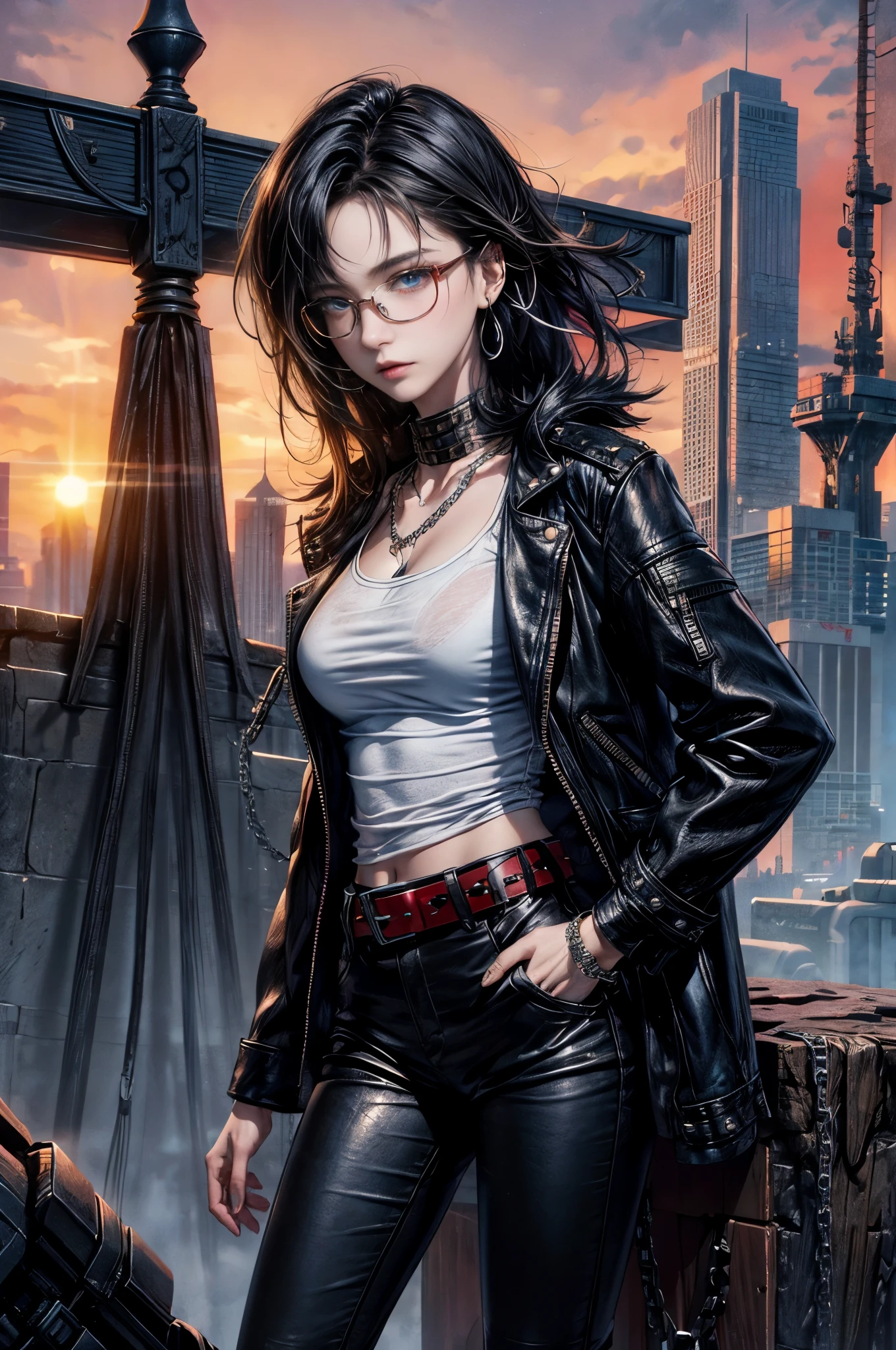 cinematic lighting、highest quality,cyberpunk world、1 female、(20 year old beautiful woman、Detailed beautiful facial features、medium hairのblack hair、shoulder length hair、messy hair、blue eyes、Glasses:1.4)break,medium hair、(black hair、Glasses:1.5)
BREAK
((dark leather rebellion) theme), (full leather outfit with a fitted red color leather jacket, leather pants, and chunky boots:1.1),(asymmetric shirt:1.5) (accessorized with silver chain jewelry and a studded leather belt:1.3),
BREAK.
(Evening after the rain、You can see the sunset、A place where you can see futuristic buildings in the distance)BREAK(portrait angle)