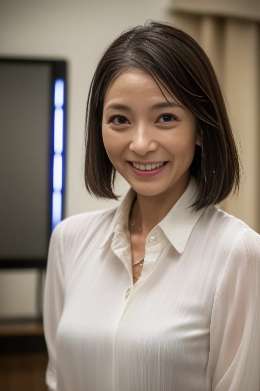 NSFW, high resolution, high quality image quality, rainy city street corner, ((Japanese female, 47 years old), alone, ((wrinkles on face)), shoulder-length light brown straight hair, (((screen) She is in the center of the room with only her face facing towards you))), smiling, white collared shirt, black miniskirt, ((whole body gets soaked in the rain)),