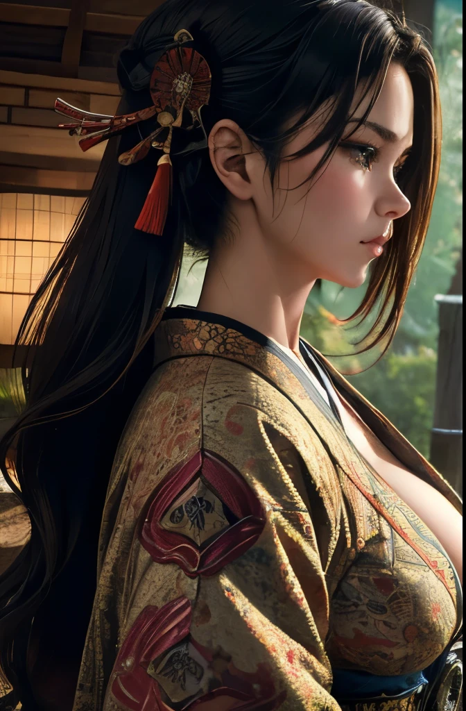 young woman, medieval samurai, armored kimono, wielding a katana, big breasts,, highly detailed, vibrant appearance, creative behavior, extremly detailed, imaginative, sensual, spontaneous, highest quality, skin texture, intricate details, (cinematic lighting), RAW photo, 8k, masterpiece,best quality,ultra-detailed,very detailed illustrations,extremely detailed,intricate details,highres,super complex details,extremely detailed 8k cg wallpaper, half body