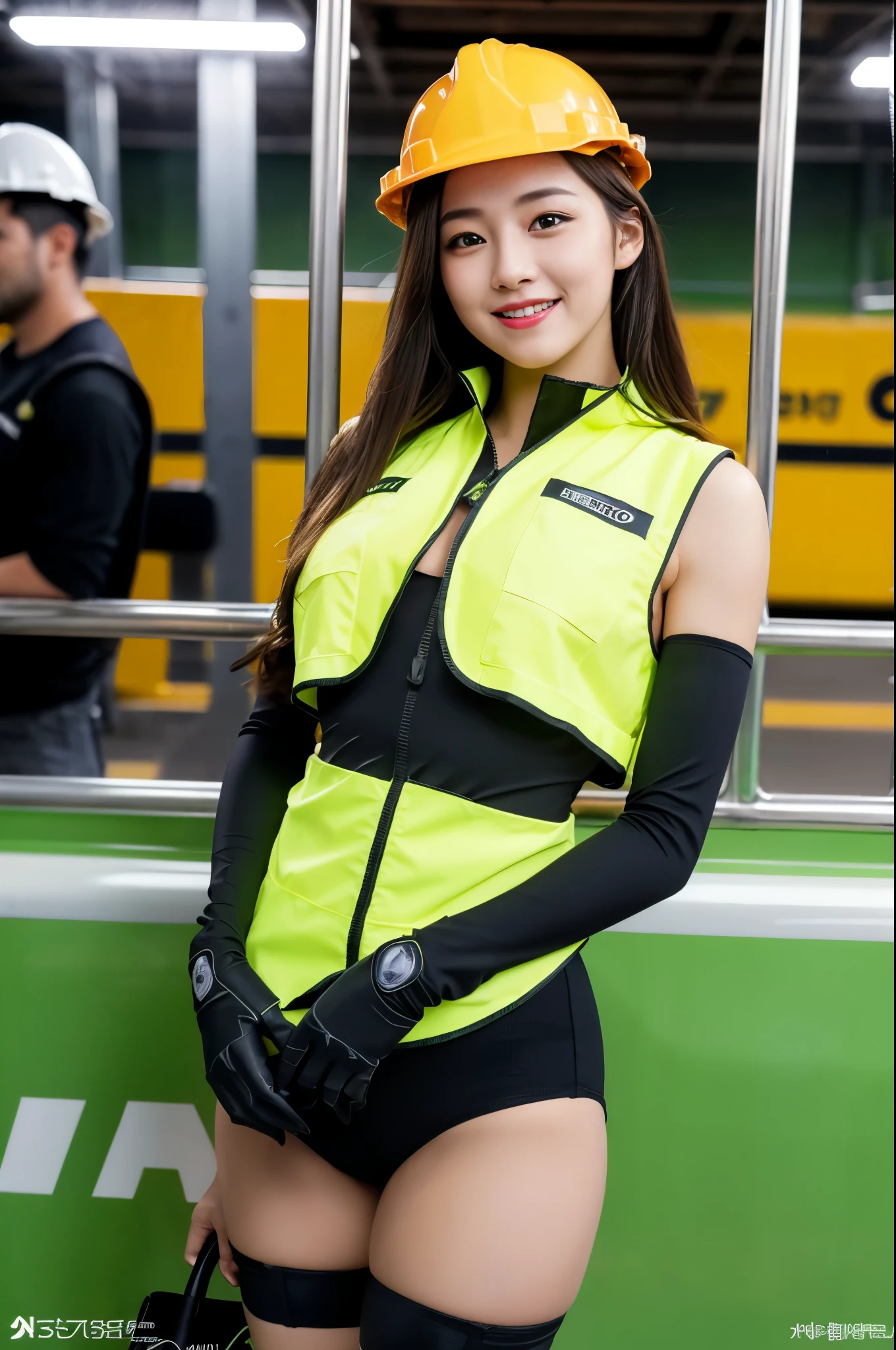 (((subway track maintenance worker costume))),(((reflective vest))),(((hard hat))),(((rubber boots))),(((first pump))),(((bare inner thigh))),(((double-breasted,underbust:1.2))),(((safety cone and rammer))),ulzzang-6500-v1.1, (Raw photo:1.2), (Photo realistic:1.4), a beautiful detailed girl, extremely detailed eye and face, beautiful detailed eyes, ultra-detailed, High resolution, top-quality, masterpiece, highly detailed, 8k wallpaper, Wonderful, finely detail, top-quality, Light on the face,电影灯光,1girl in,(),Beautiful eyes,smile,Opening Mouth