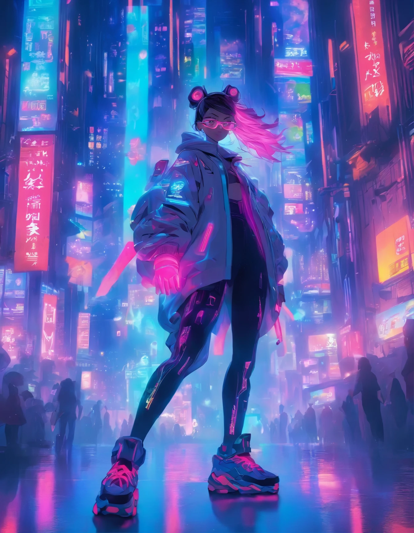 (best quality:1.3),(masterpiece:1.2),16k,level picture quality,future technology,1girl,A man wearing a cyberpunk-style biochemical suit,Woman wearing VR glasses,(glowing electronic screen),(Electronic information flow:1.3),Holographic projection,(Glowing electronic screen on arm:1.2),whole body多线条光条,Luminous text on thigh,Glowing electronic shoes,whole body,dynamic poses,Colored smoke,City blocks,skyscraper,neon lights,