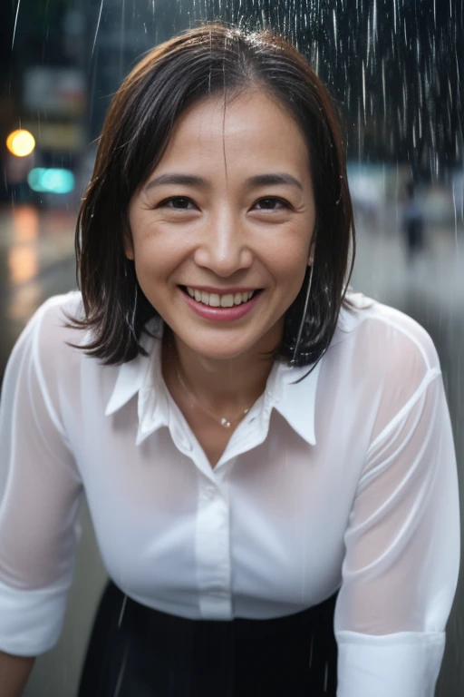 NSFW,High resolution, High level image quality, A rainy city street corner, ((japanese woman, 47 years old), one person, ((wrinkles on face)), Light brown straight hair that reaches to the shoulders, (((Only the face faces towards you in the center of the screen))), smiling,white collar shirt, black mini skirt, ((Get wet all over in the rain)), 