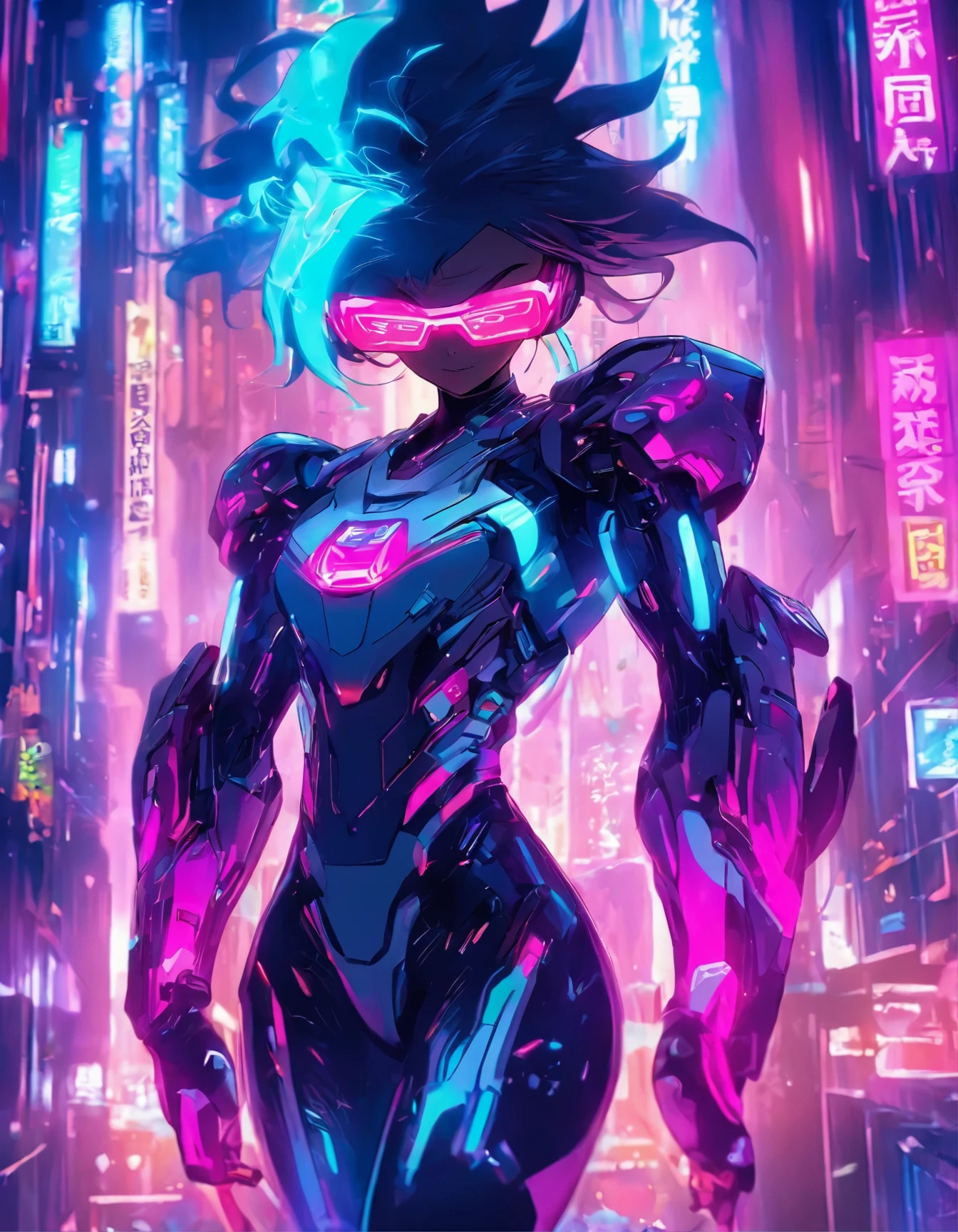 (best quality:1.3),(masterpiece:1.2),16k,level picture quality,future technology,1girl,A man wearing a cyberpunk-style biochemical suit,Woman wearing VR glasses,(glowing electronic screen),(Electronic information flow:1.3),Holographic projection,(Glowing electronic screen on arm:1.2),whole body多线条光条,Luminous text on thigh,Glowing electronic shoes,whole body,dynamic poses,Colored smoke,City blocks,skyscraper,neon lights,