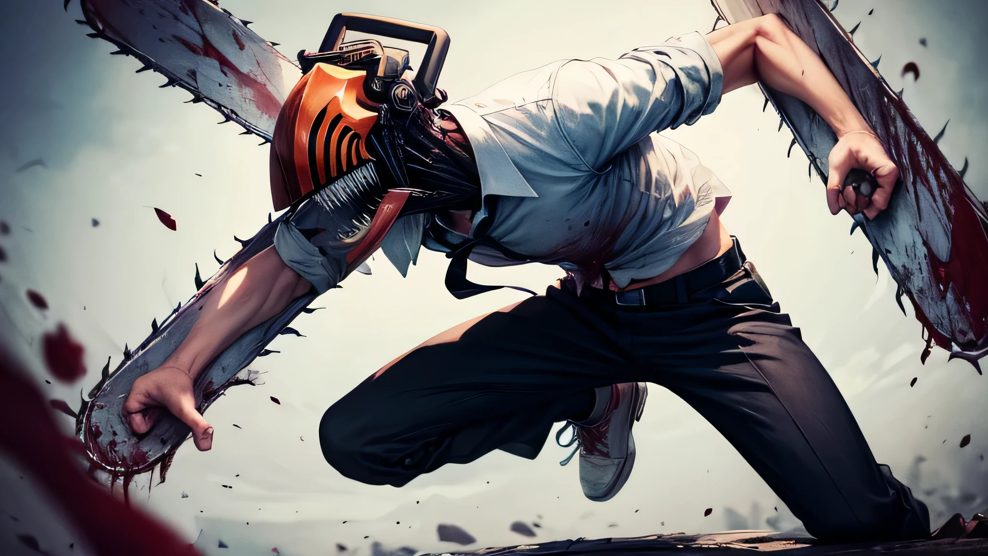 (masterpiece, best quality:1.2), solo, male focus, 1boy, chainsaw man, chainsaw, sharp teeth, open mouth, tongue, white collared shirt, (blood_on_clothes:1.2), black necktie, black pants
